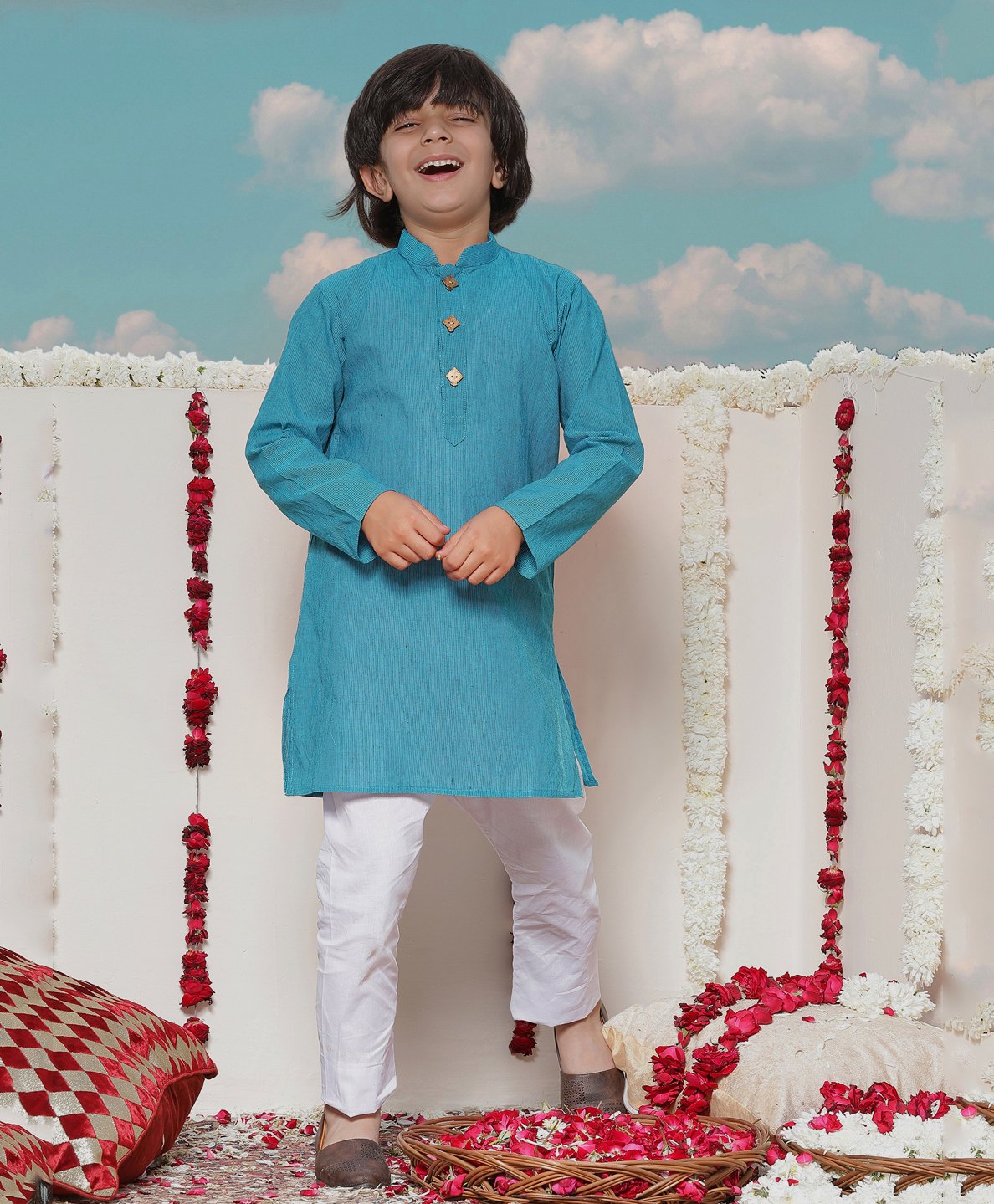 JBN Creation Handloom Cotton Full Sleeves Striped Woven Kurta & Pyjama Set - Aqua Blue & White-image-35