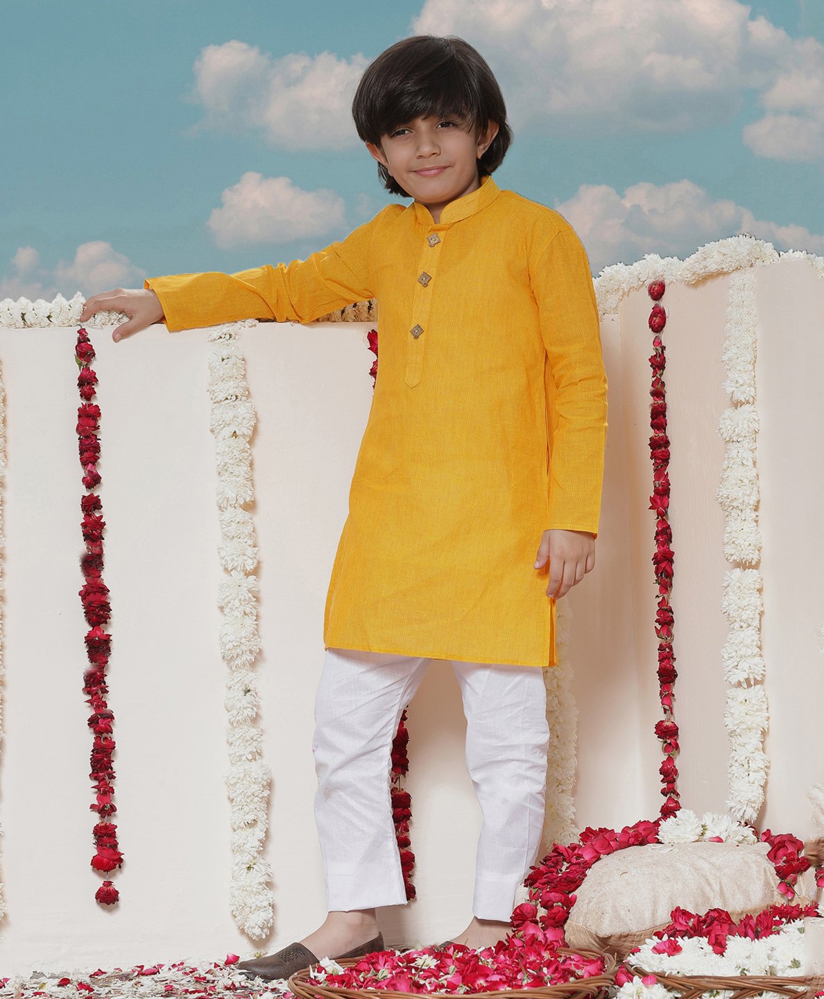 JBN Creation Handloom Cotton Full Sleeves Striped Woven Kurta & Pyjama Set - Mustard Yellow & White-image-45
