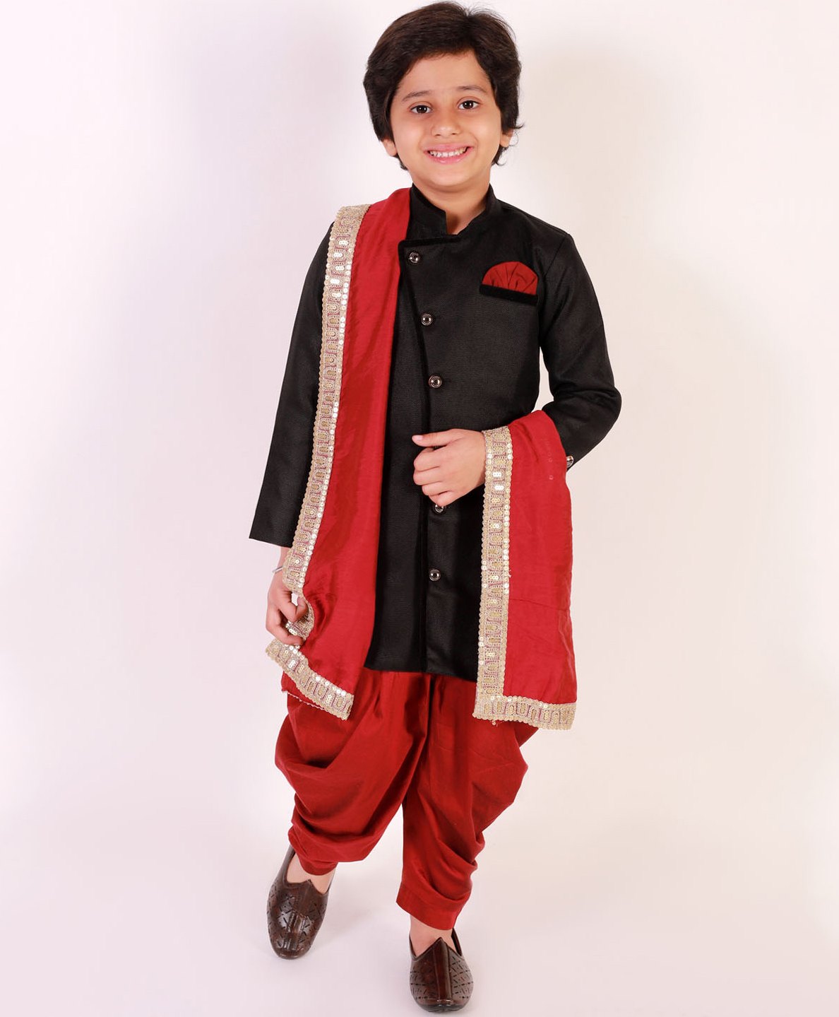 JBN Creation Jute Full Sleeves Solid Angrakha Style Sherwani & Dhoti With Lace Embellished Dupatta Set - Black And Maroon-image-32