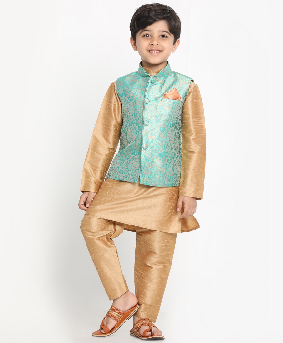 JBN Creation Silk Blend Full Sleeves Kurta Pyjama With Banarasi Brocade Nehru Jacket Set - Grey & Gold-picture-12
