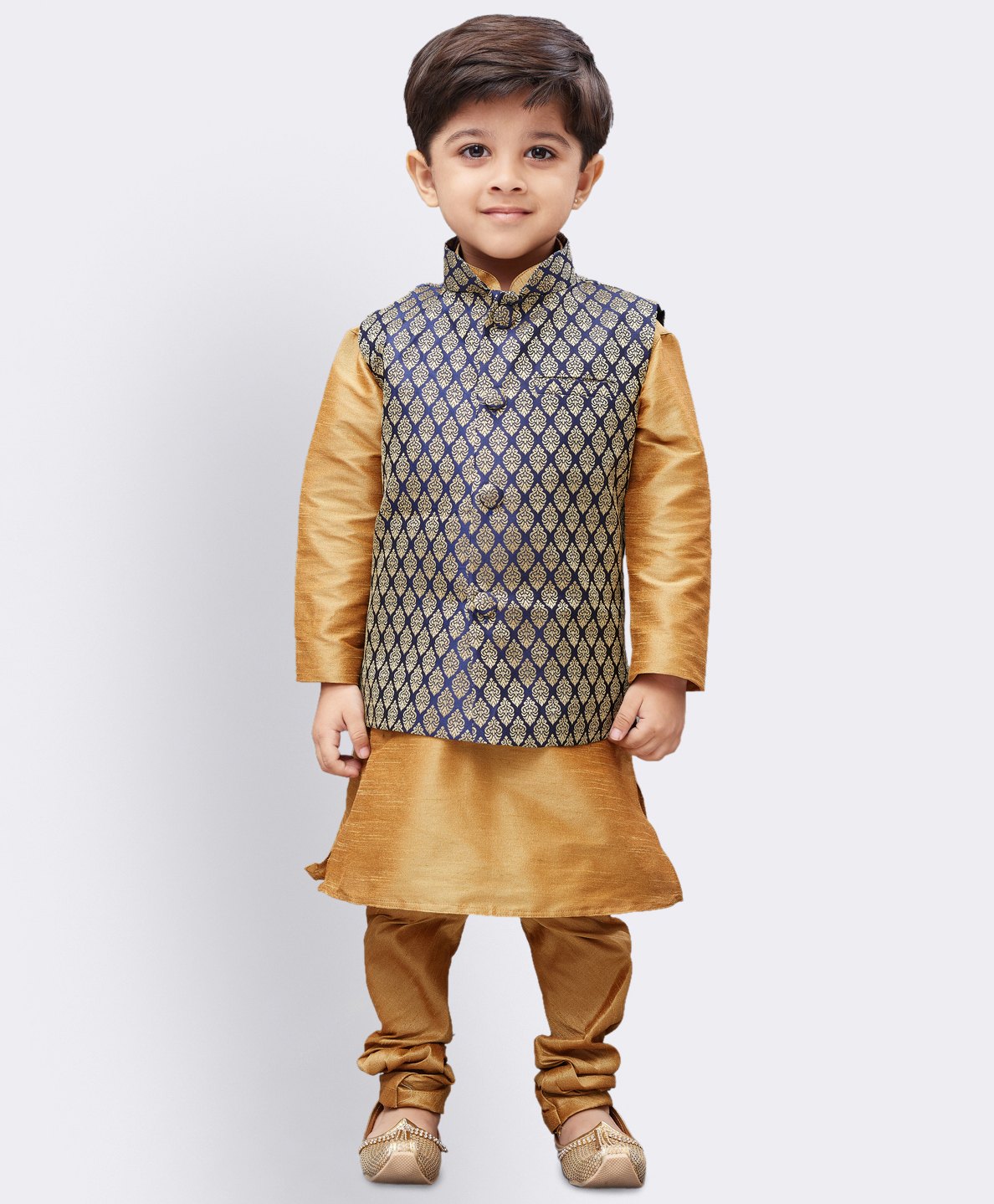 JBN Creation Silk Full Sleeves Solid Coordinating Kurta & Pyjama With Ethnic Motifs Foil Printed Nehru Jacket Set - Blue & Gold-picture-15