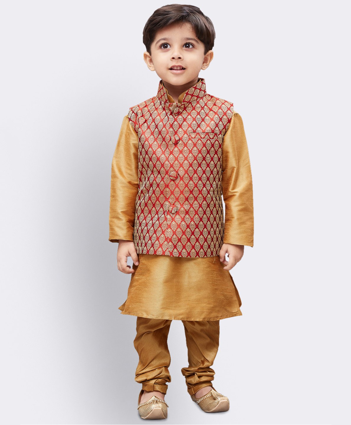 JBN Creation Silk Full Sleeves Solid Coordinating Kurta & Pyjama With Ethnic Motifs Foil Printed Nehru Jacket Set - Maroon & Gold-picture-16