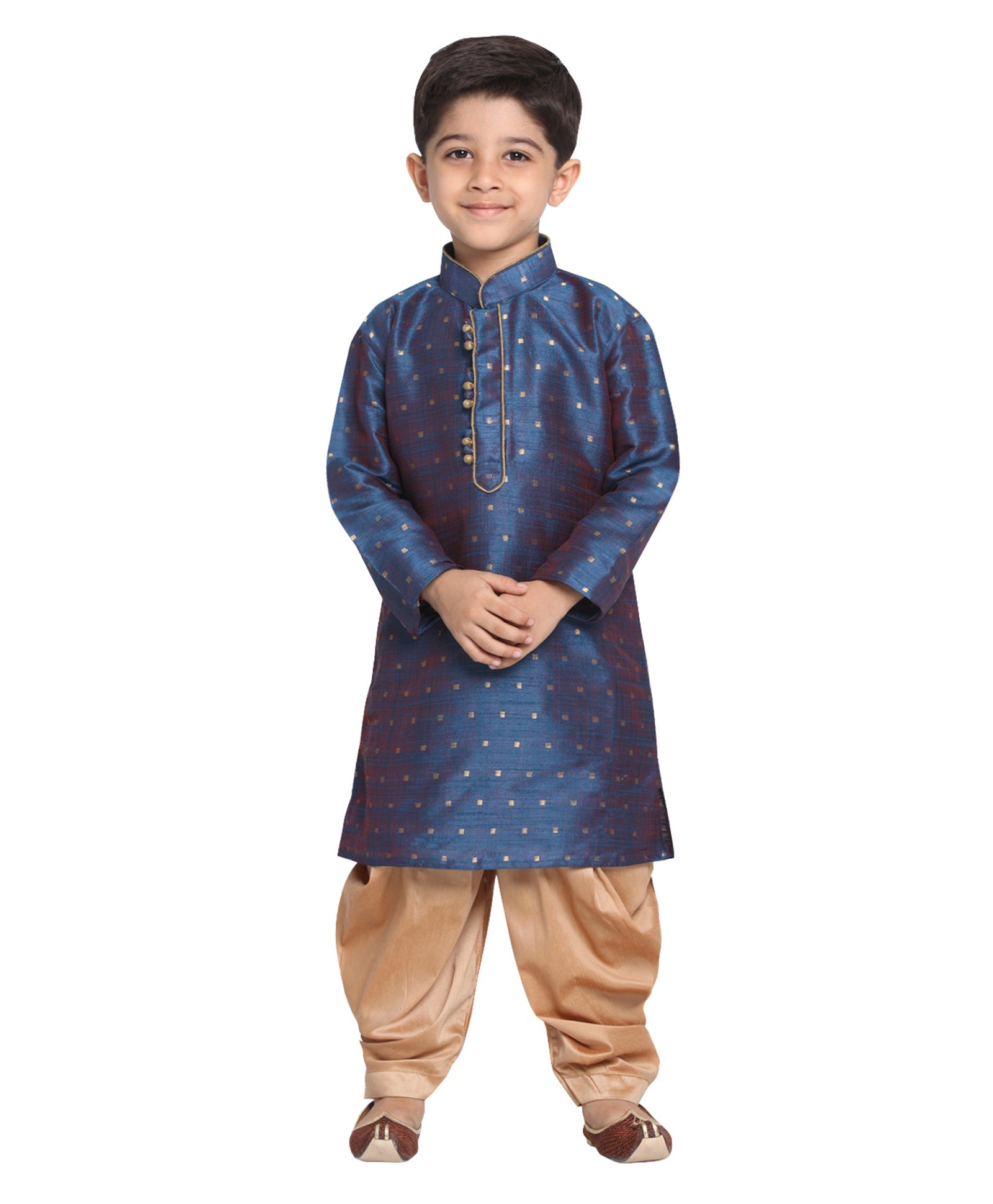 JBN Creation Full Sleeves Woven Zari Work Detailed Kurta With Solid Dhoti Set - Blue & Gold-image-23