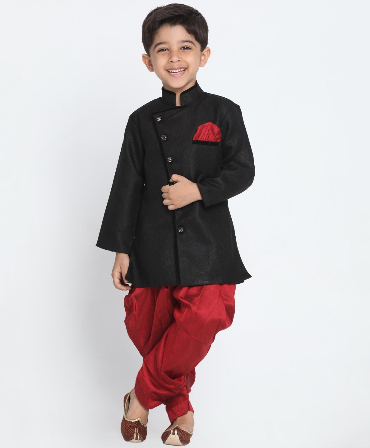 JBN Creation Full Sleeves Solid Angrakha Styled Sherwani & Dhoti Set - Black & Maroon-image-45