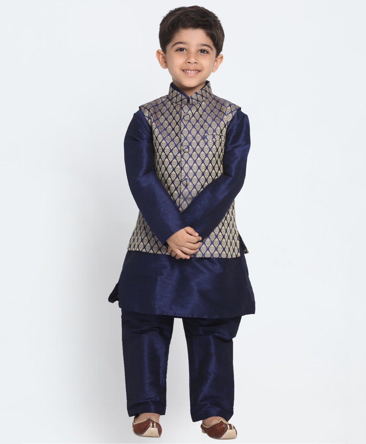 JBN Creation Full Sleeves Solid Coordinating Kurta & Pyjama With Ethnic Motif Printed Nehru Jacket Set - Navy Blue-image-20