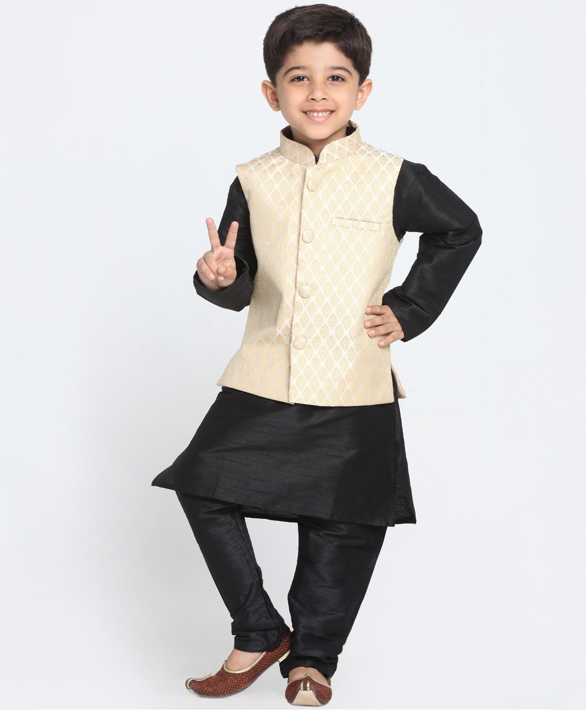 JBN Creation Full Sleeves Solid Coordinating Kurta & Pyjama With Ethnic Motif Printed Nehru Jacket Set - Cream & Black-picture-12