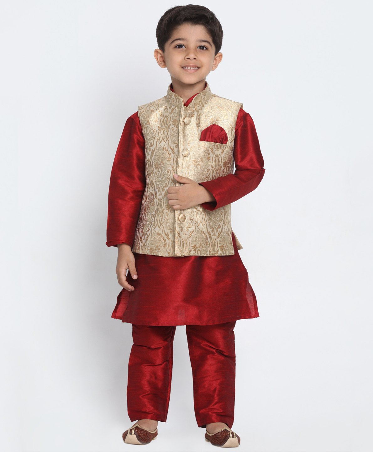 JBN Creation Full Sleeves Solid Kurta With Coordinating Pyjama & Floral Embroidered Nehru Jacket Set - Gold & Maroon-picture-14