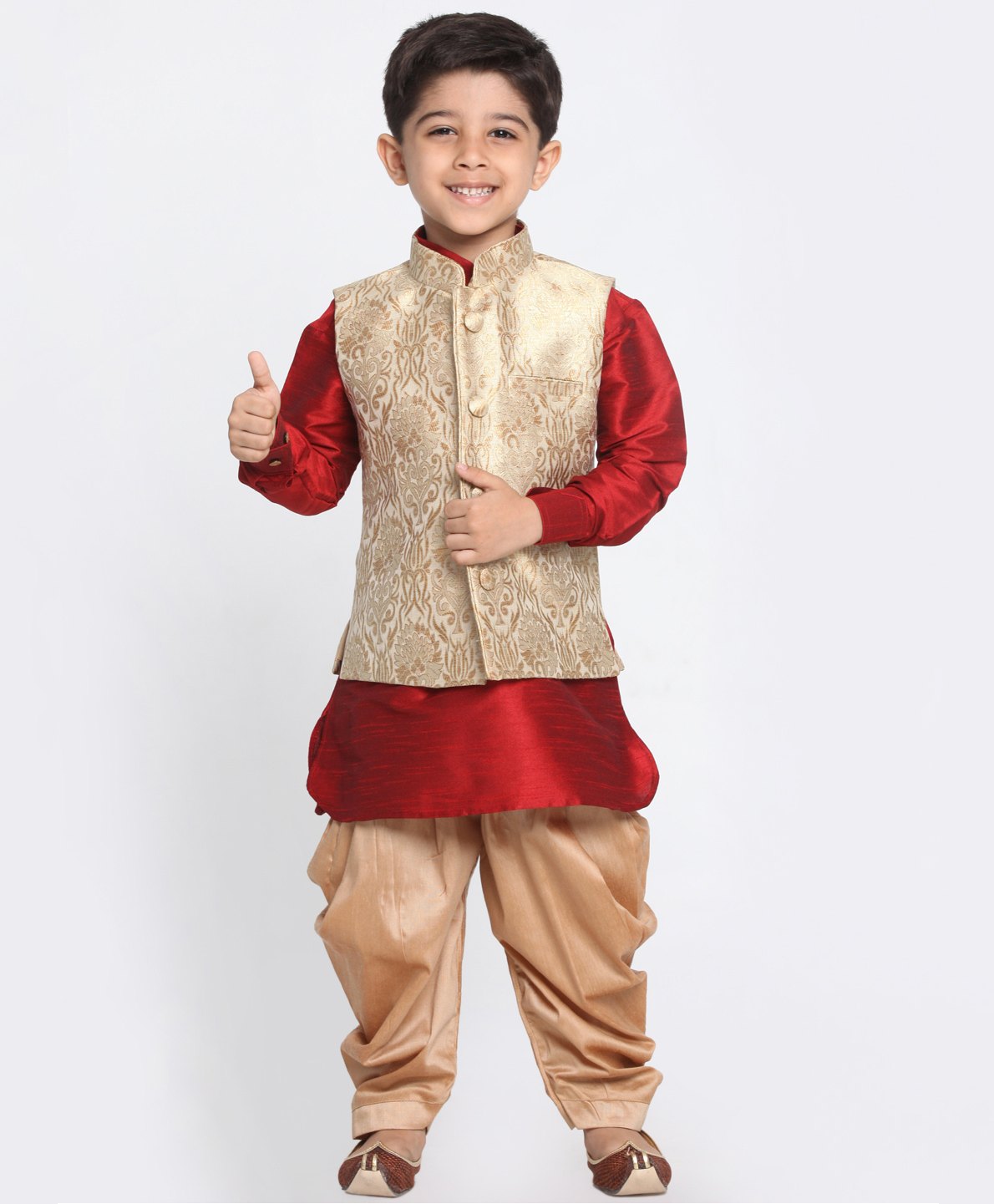 JBN Creation Full Sleeves Solid Kurta & Dhoti With Floral Embroidered Nehru Jacket Set - Gold & Maroon-image-47