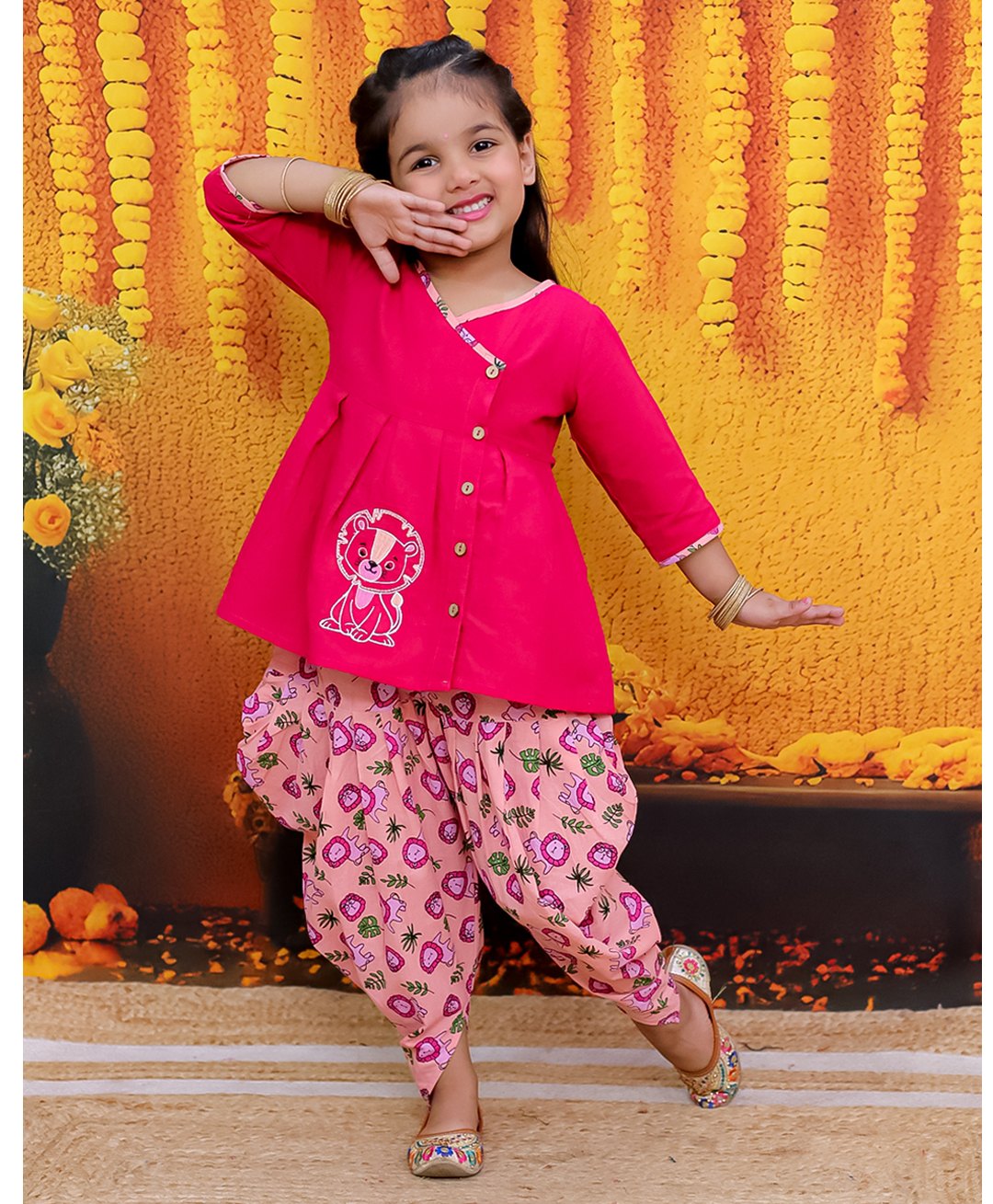 BownBee Pure Cotton Three Fourth Sleeves Lion Embroidered Top & Lions Printed Dhoti Set - Pink-image-43