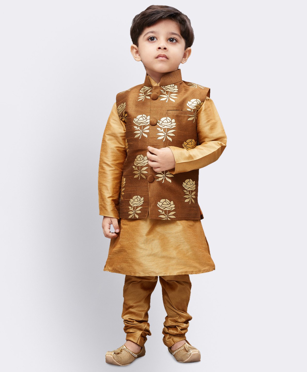 Vastramay Full Sleeves Solid Coordinating Kurta & Pyjama With Rose Motif Designed Nehru Jacket Set - Brown & Gold-image-2
