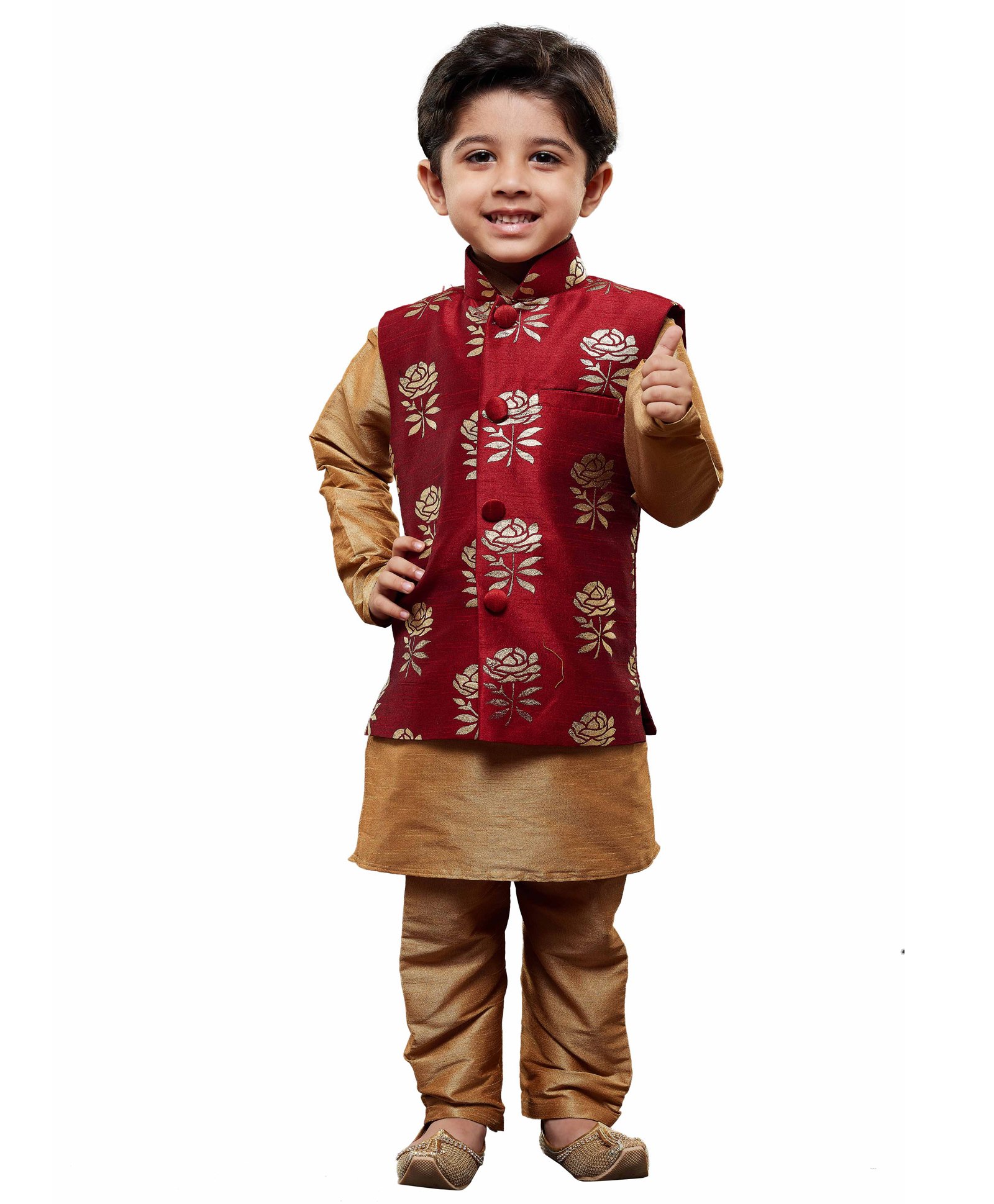 Vastramay Silk Blend Full Sleeves Solid Kurta Pyjama With Floral Foil Printed Nehru Jacket Set - Maroon & Gold-picture-31