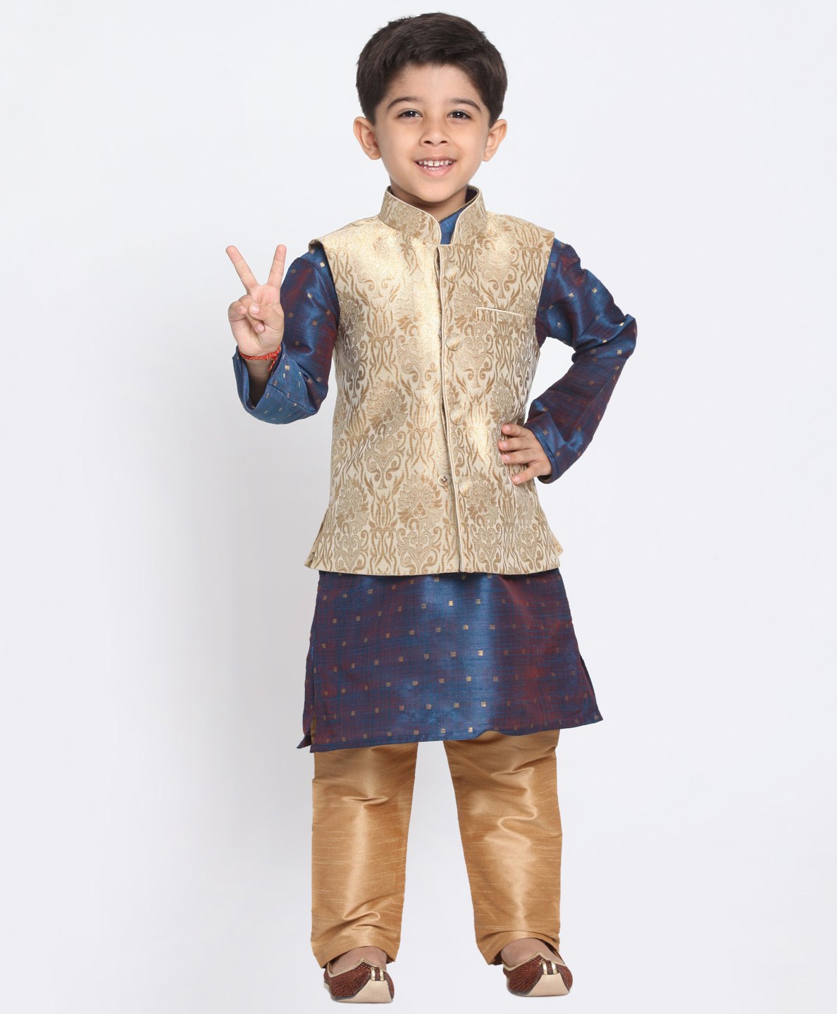 JBN Creation Full Sleeves Woven Zari Work Detailed Kurta With Solid Pyjama & Floral Embroidered Nehru Jacket Set - Gold & Blue-image-26