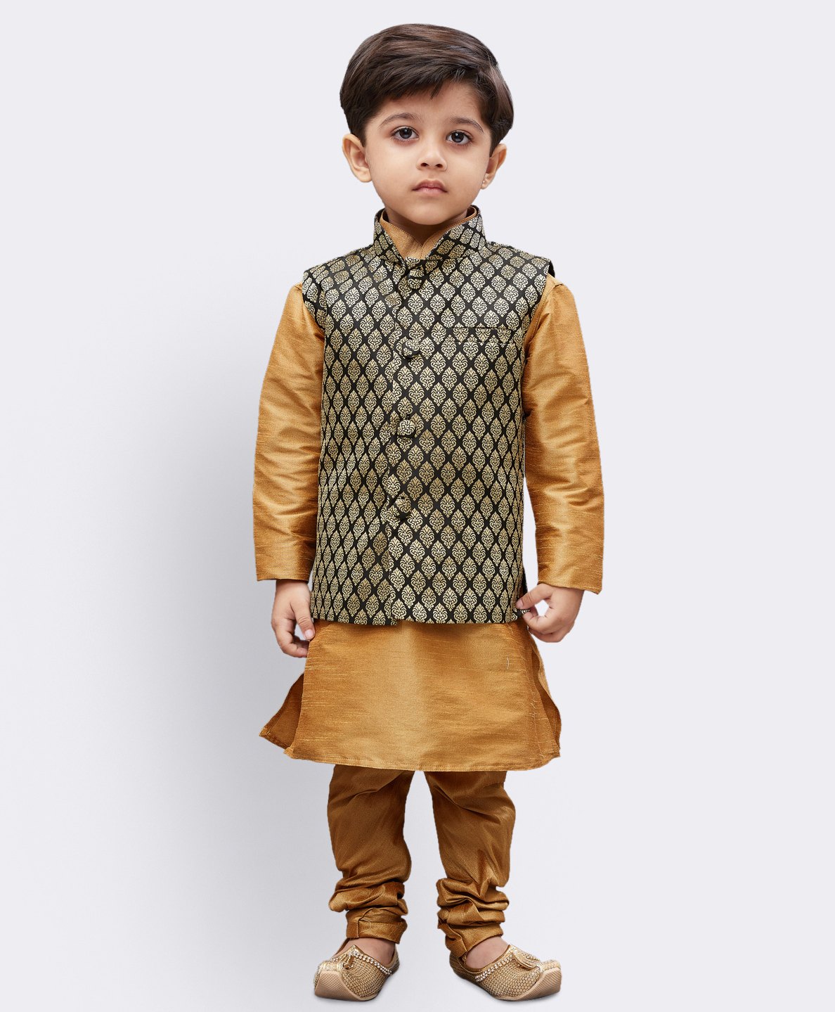 JBN Creation Silk Full Sleeves Solid Kurta & Pyjama With Ethnic Motif Printed Nehru Jacket Set - Black & Gold-picture-10
