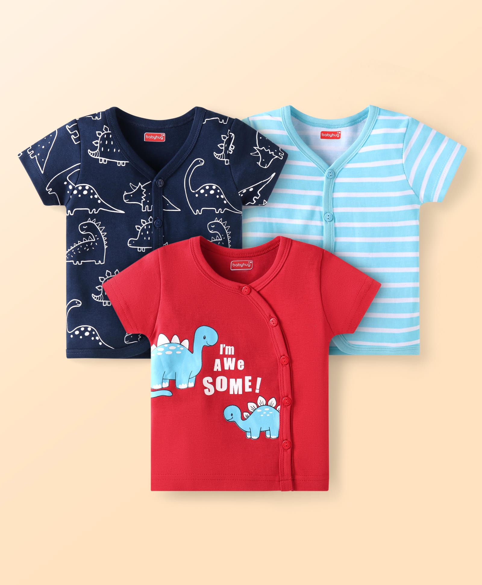 Babyhug Interlock Knit Half Sleeves Vests With Dino Print Pack of 3 - Navy Blue Red & Light Blue-image-29