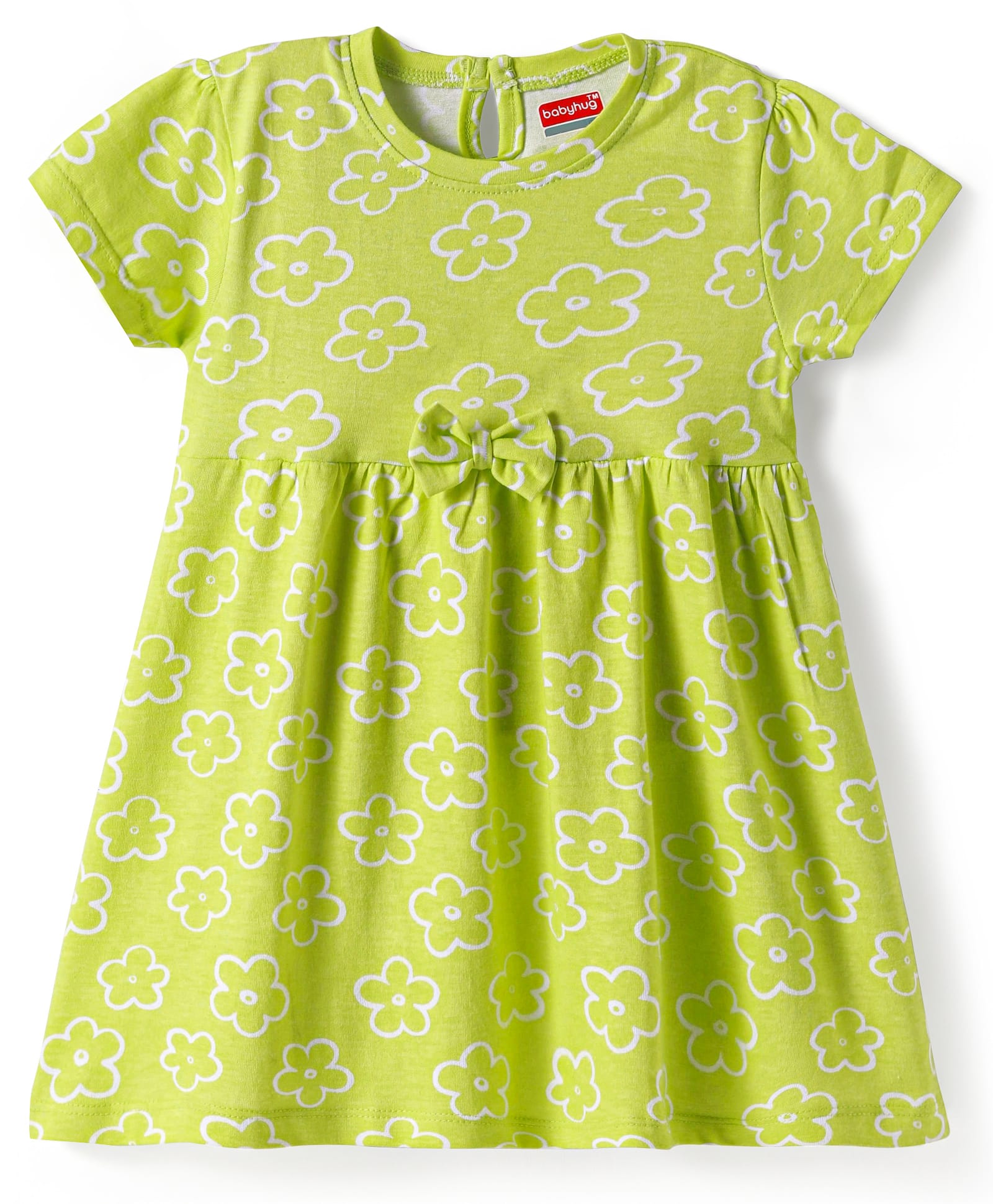 Babyhug Single Jersey Knit Half Sleeves Frock With Floral Print & Bow Applique - Green-image-14