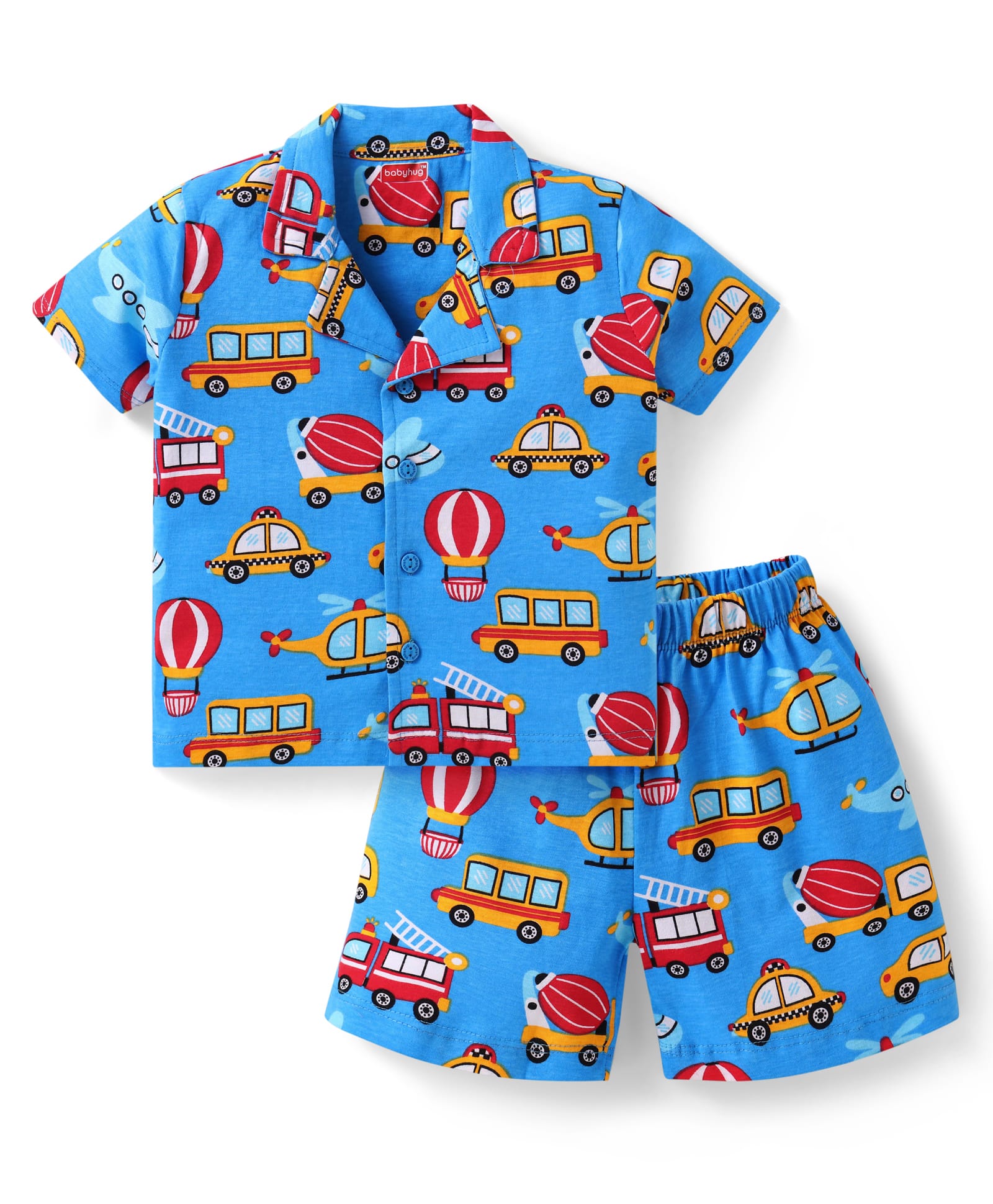 Babyhug Cotton KnitHalf Sleeves Front Open Shorts Night Suit with Vehicle Print - Blue-image-12