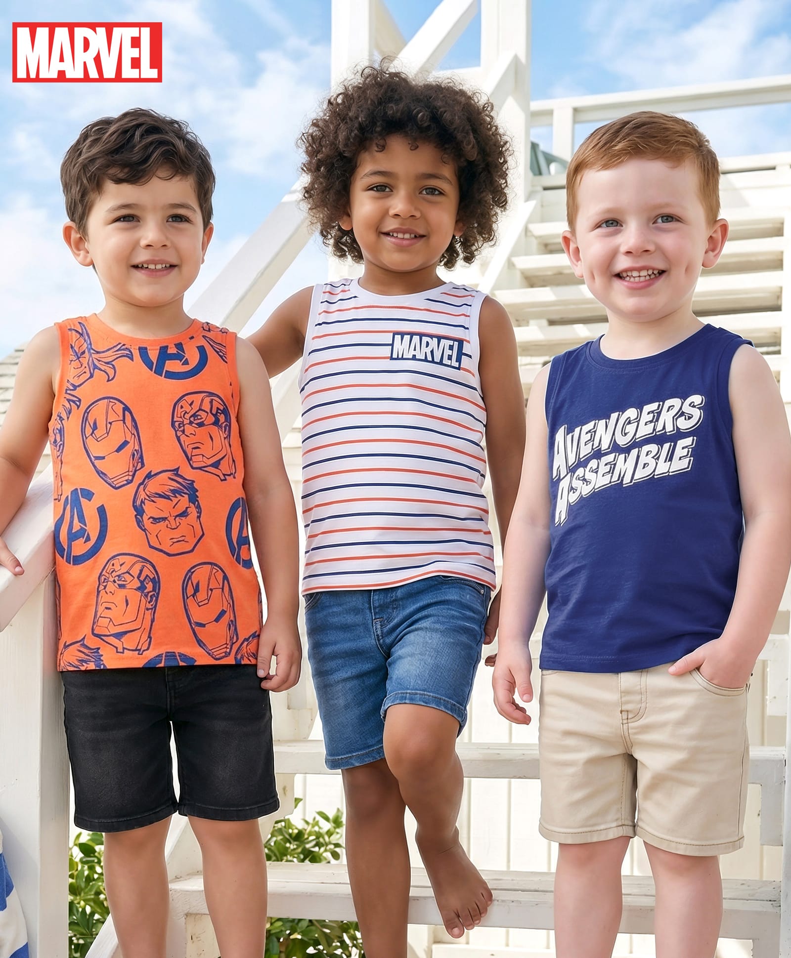 Honeyhap Marvel Single Jersey Sleeveless Vests with Stripes & Avengers Graphic Pack Of 3 - Orange & Blue-picture-0