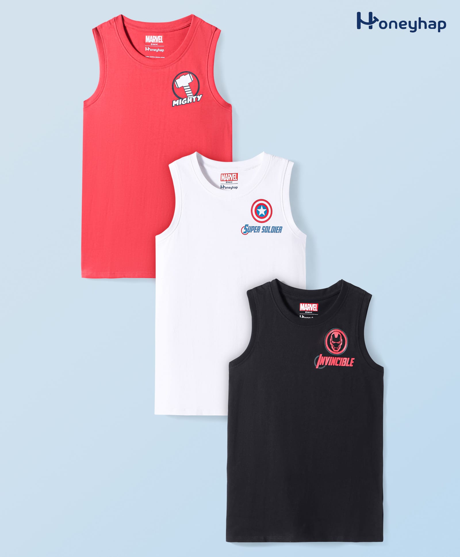 Honeyhap Marvel Single Jersey Knit with Avengers Graphic Vests Pack of 3 - Red White & Black-image-37