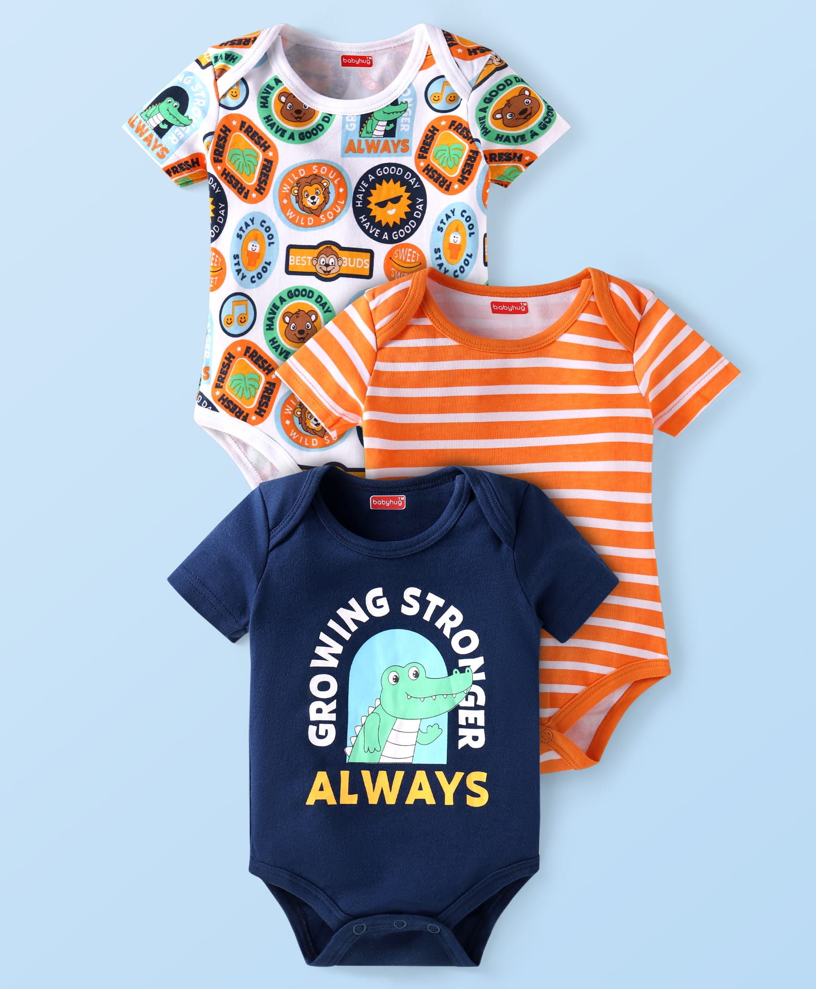 Babyhug Interlock Knit Half Sleeves Onesies With Animal & Text Print Pack of 3 - Navy Blue Orange & White