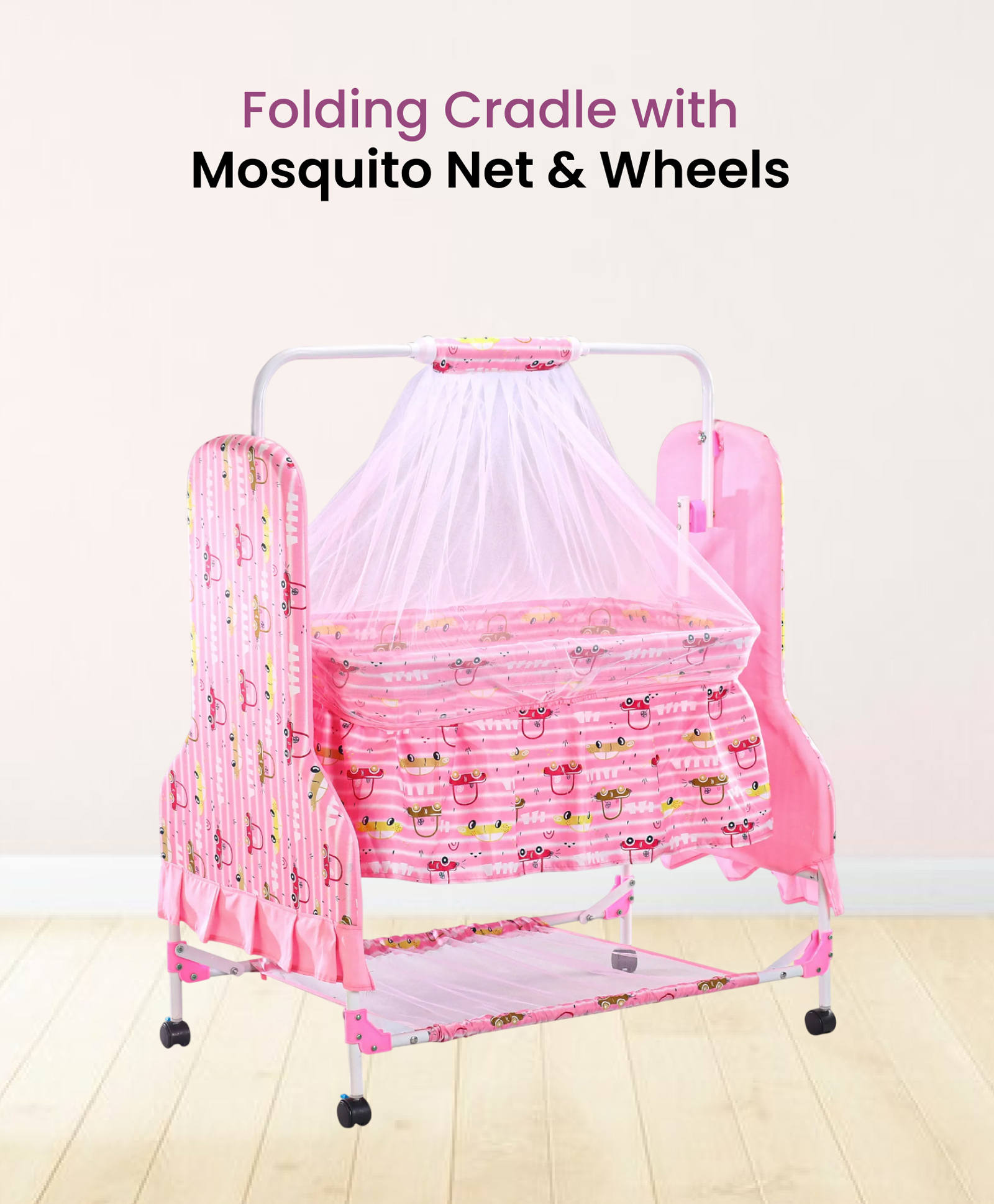 fab n funky Vehicle Printed Folding Cradle with Mosquito Net & Wheels - Pink-picture-10