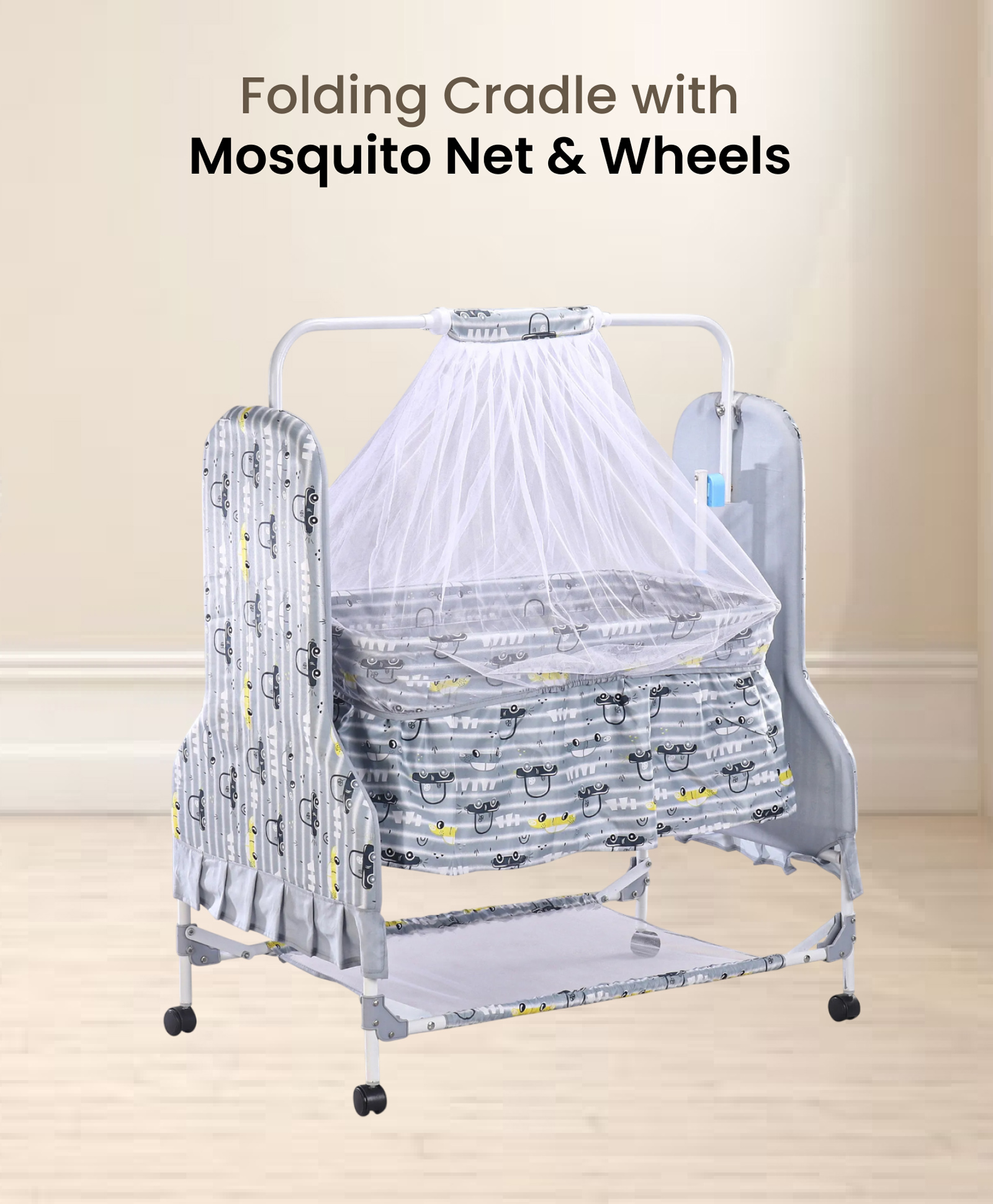 fab n funky Vehicle Printed Folding Cradle with Mosquito Net & Wheels - Grey-picture-23