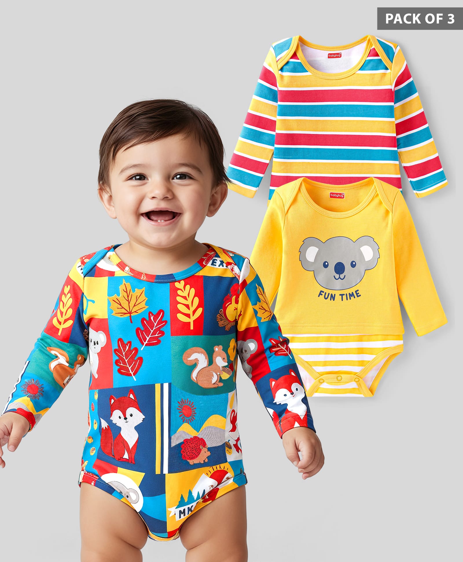 Babyhug Interlock Knit Full Sleeves Onesies With Animal Print Pack of 3 - Yellow Blue & Red-picture-28