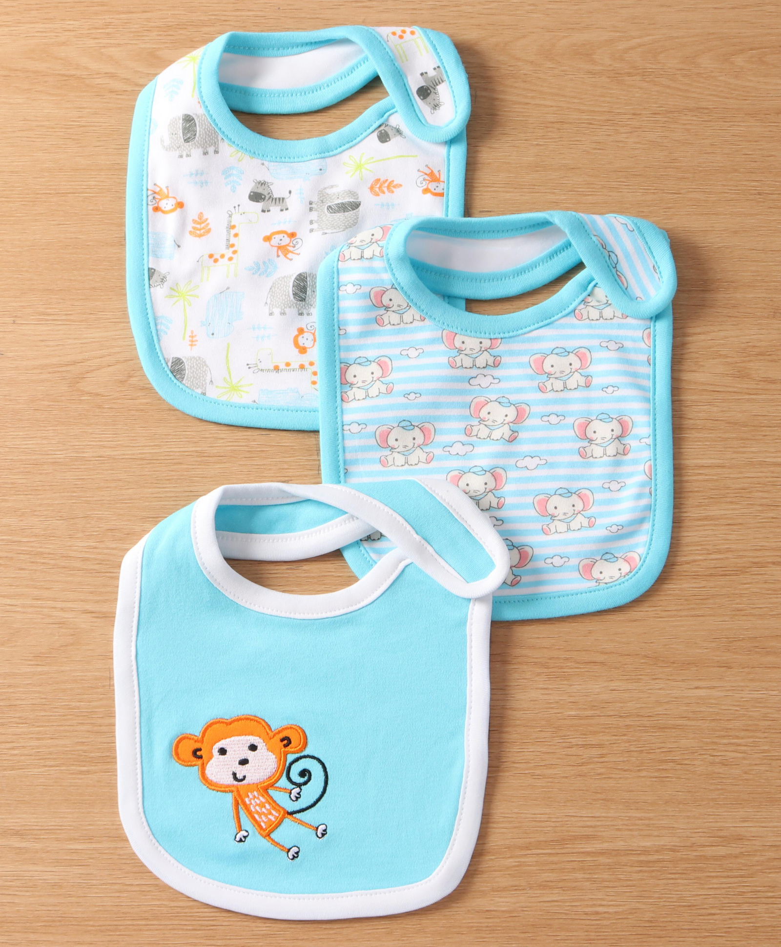 Babyhug Interlock Cotton Bibs Monkey Print Pack of 3 - Blue-image-30