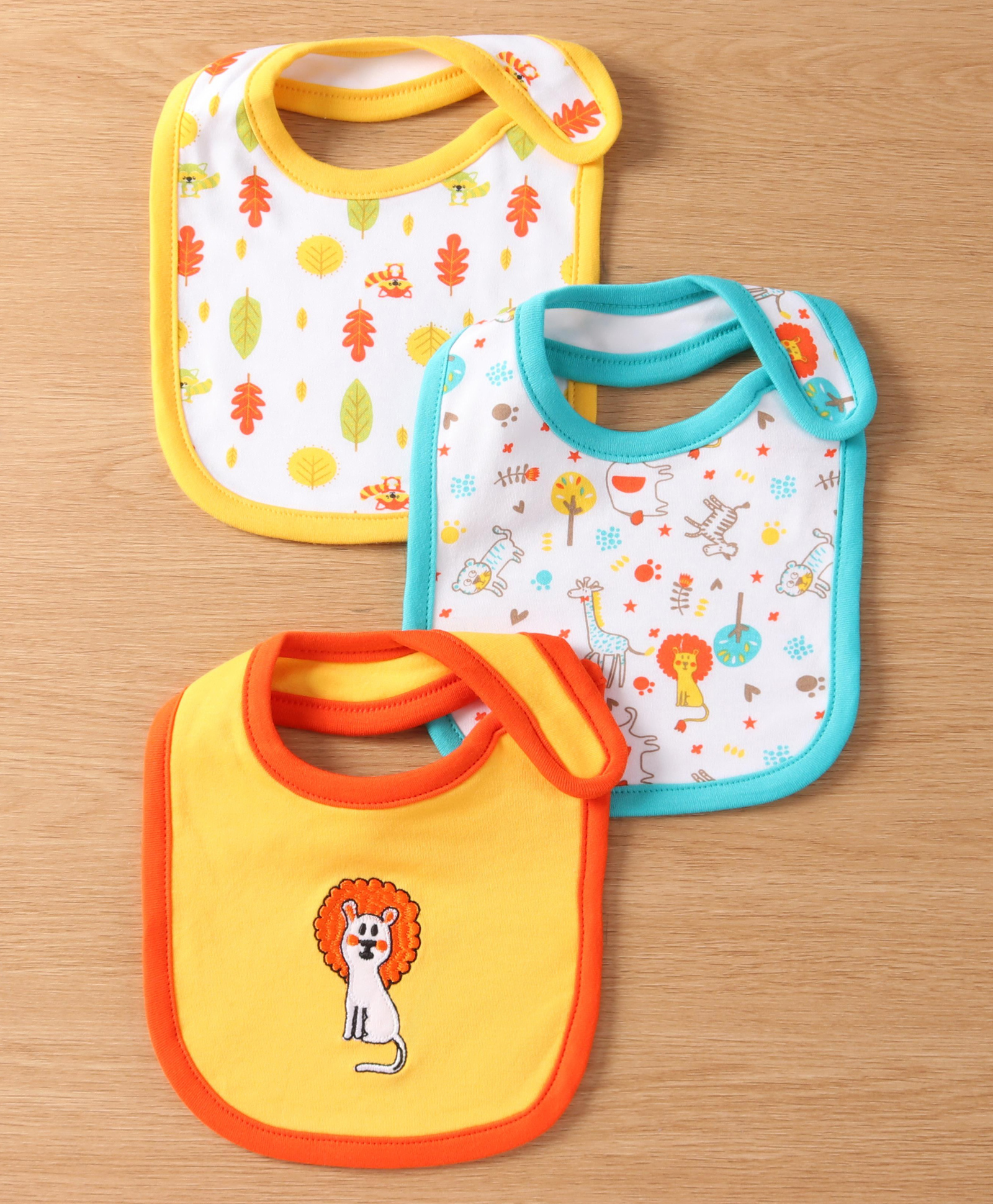 Babyhug Interlock Cotton Bibs Lion Print Pack of 3 -Multicolor-image-11