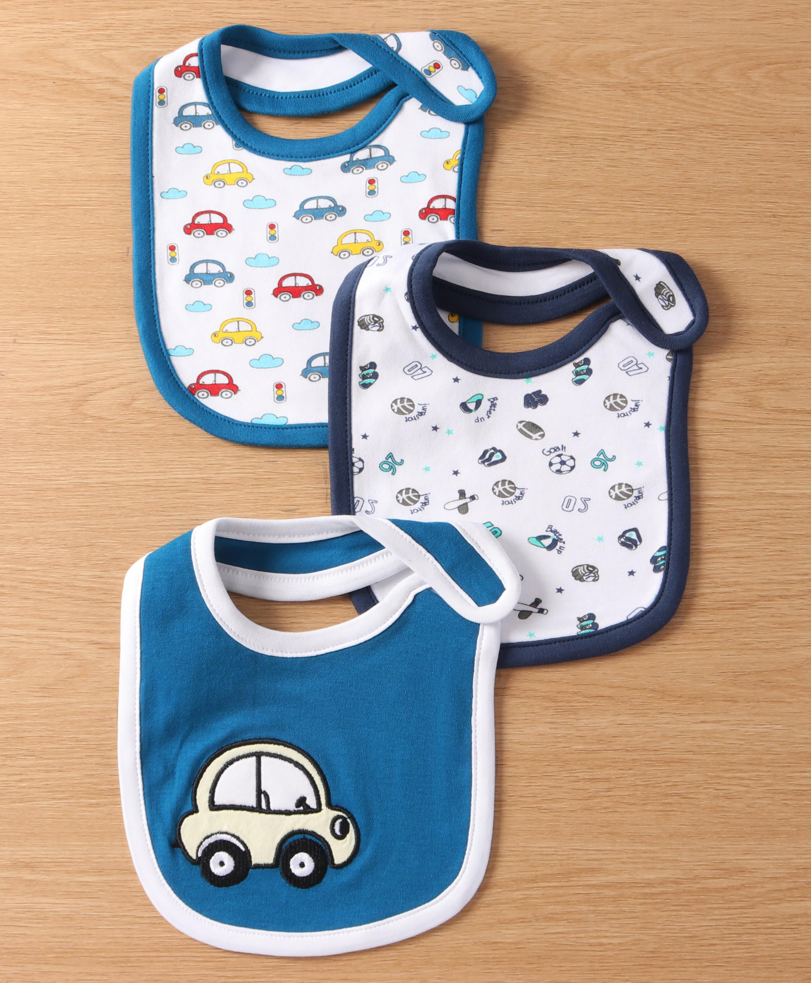 Babyhug Interlock Cotton Bibs Car Print Pack of 3 -Dark Blue