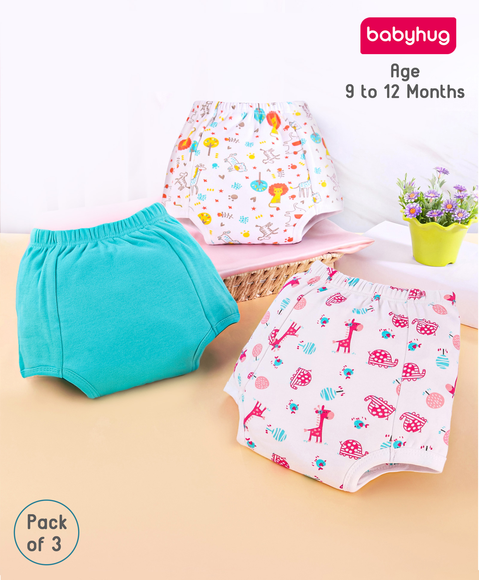 Babyhug 100% Cotton Padded Underwear Training Diapers Animals Print Pack of 3 Size 1 - Multicolor