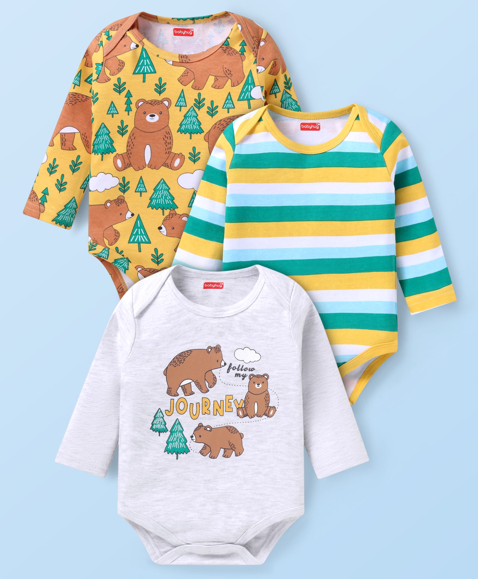 Babyhug Interlock Knit Full Sleeves Striped & Bear Printed Onesies Pack of 3 - Yellow & Light Grey-image-48