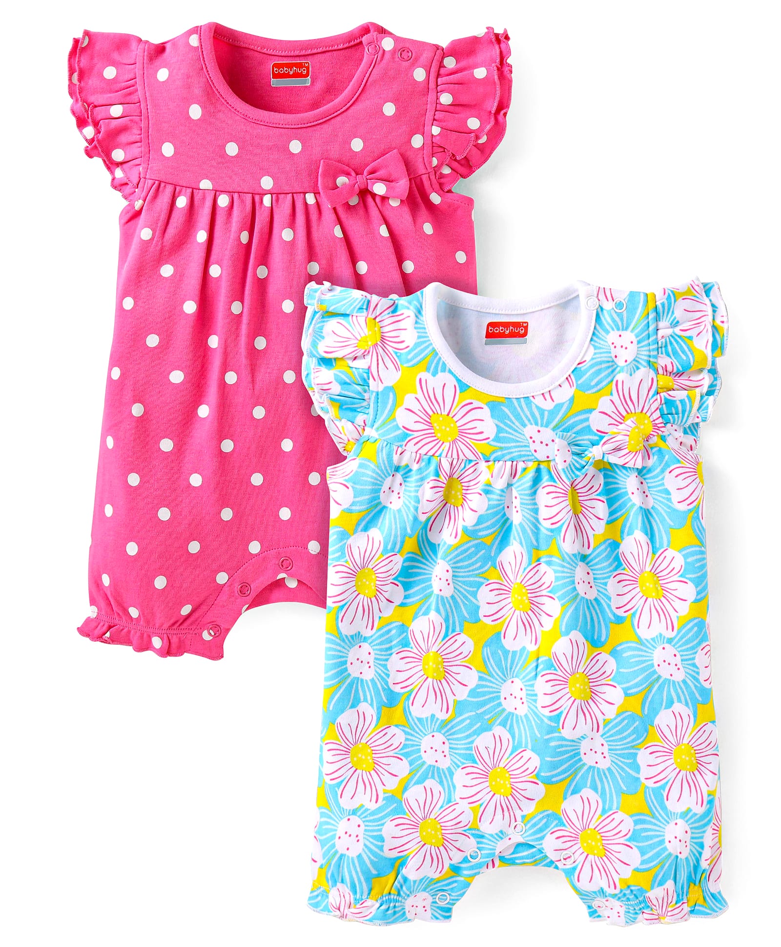 Babyhug Interlock Knit Half Sleeves Rompers With Floral & Polka Dot Print Pack of 2 - Dark Pink & Light Green-image-44