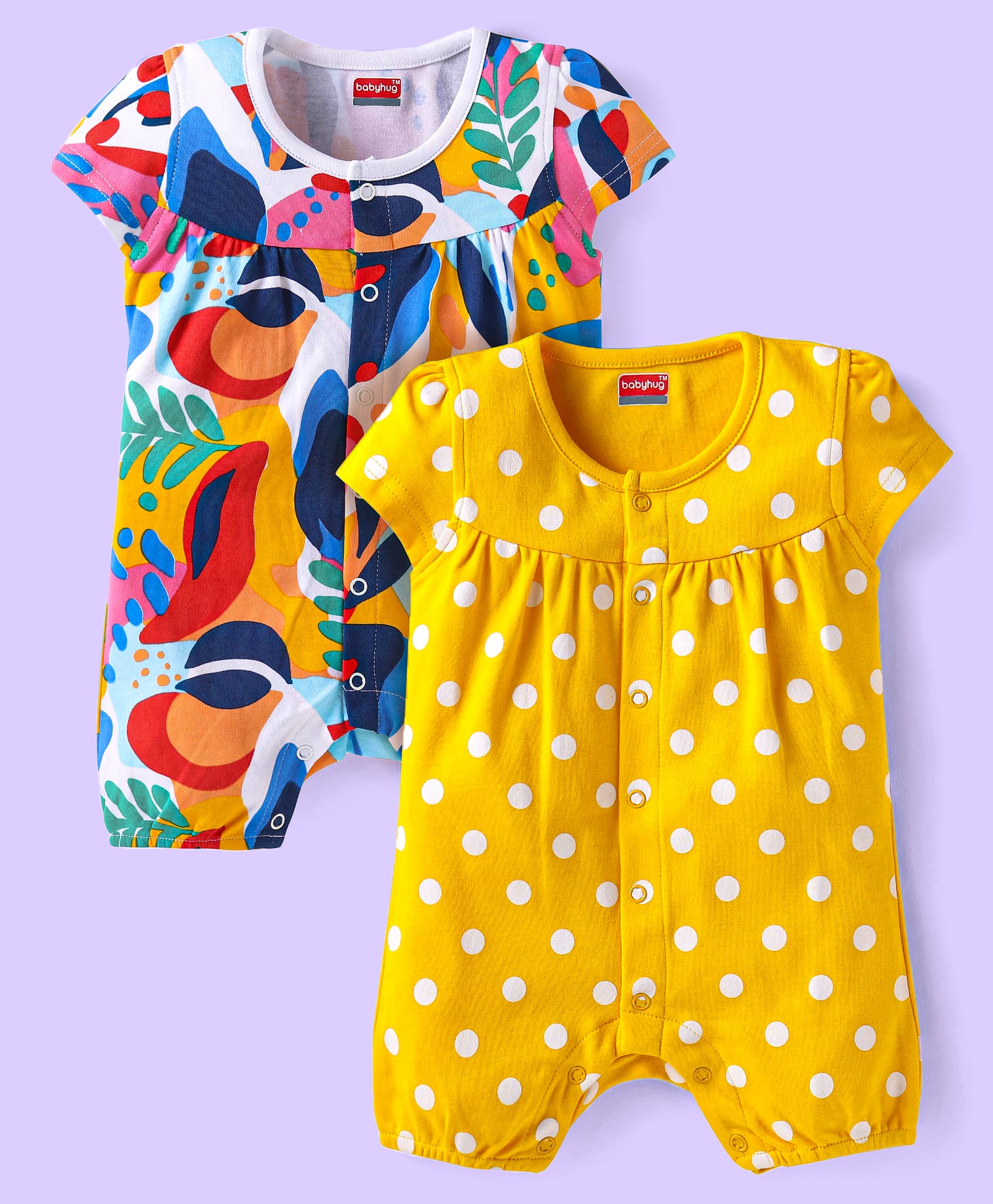 Babyhug Interlock Knit Half Sleeves Rompers With Polka Dot Print Pack of 2 - Yellow & White-image-43