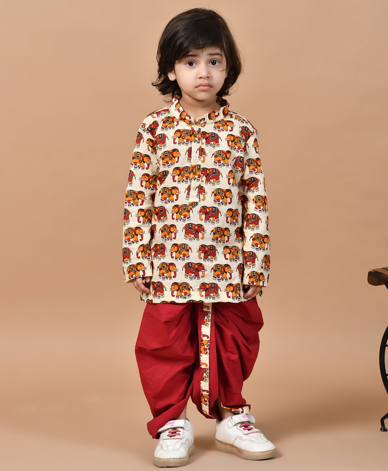 MoMaa Pure Cotton Full Sleeves Elephants Printed Dhoti Kurta Set - Cream & Maroon-picture-15