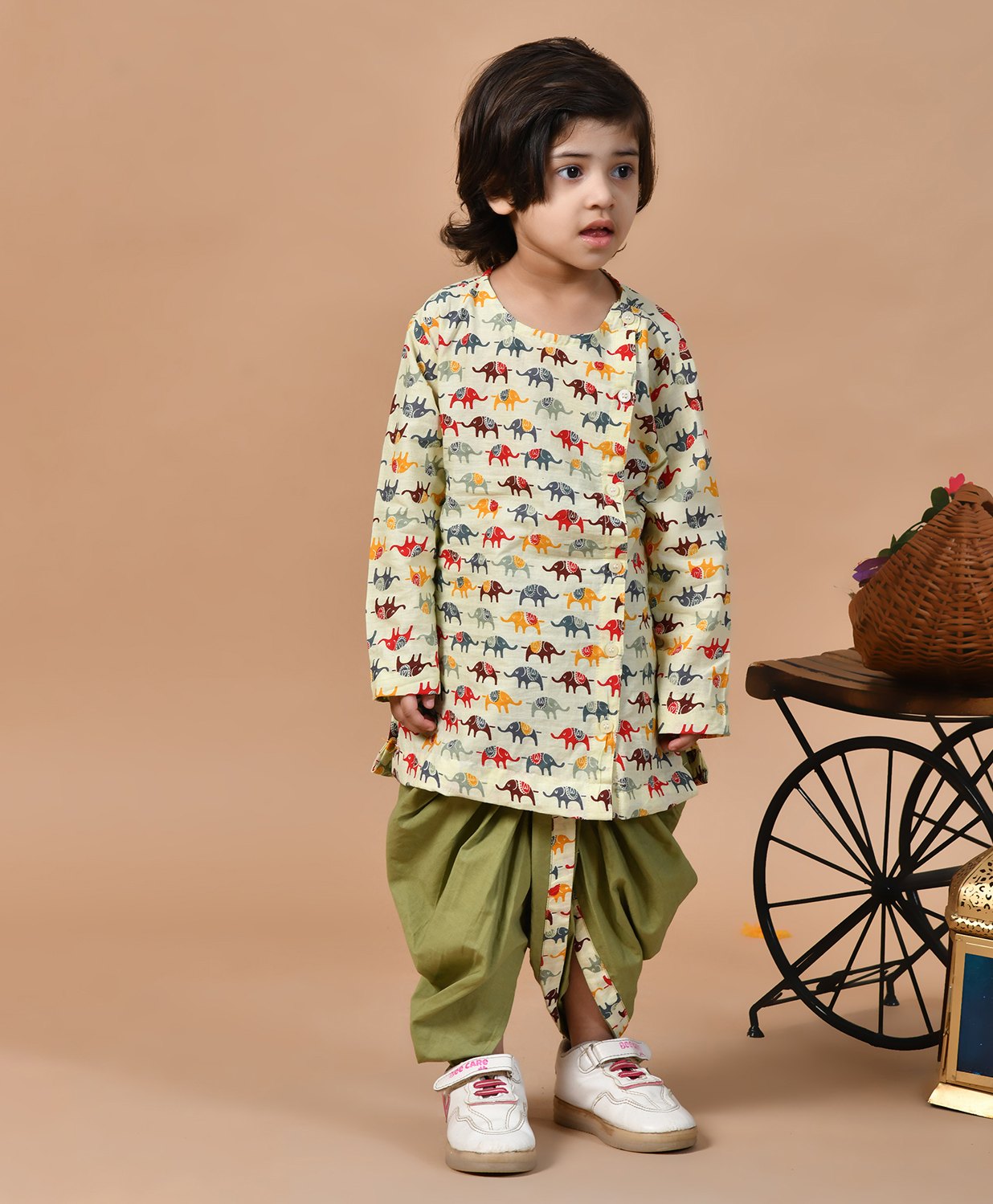 MoMaa Pure Cotton Full Sleeves Elephants Printed Dhoti Kurta Set - Cream & Green-picture-20