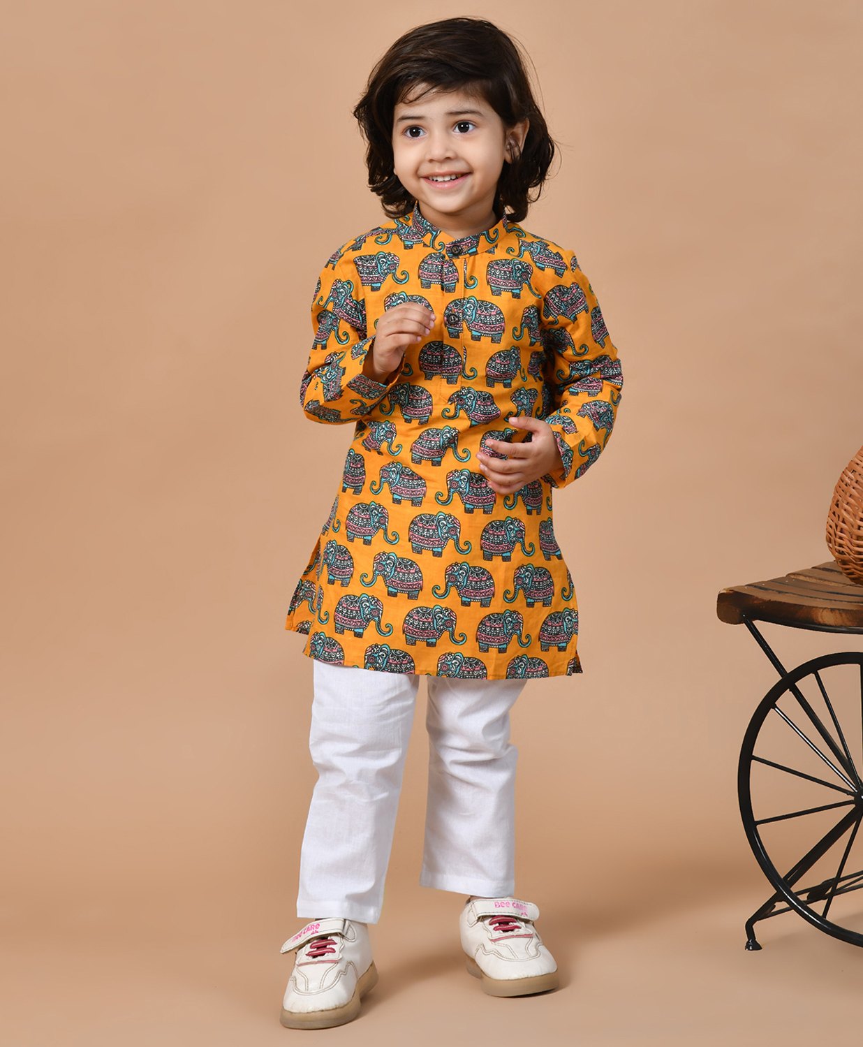 MoMaa Pure Cotton Full Sleeves Elephants Printed Kurta & Pyjama Set - Mustard Yellow & White-picture-19