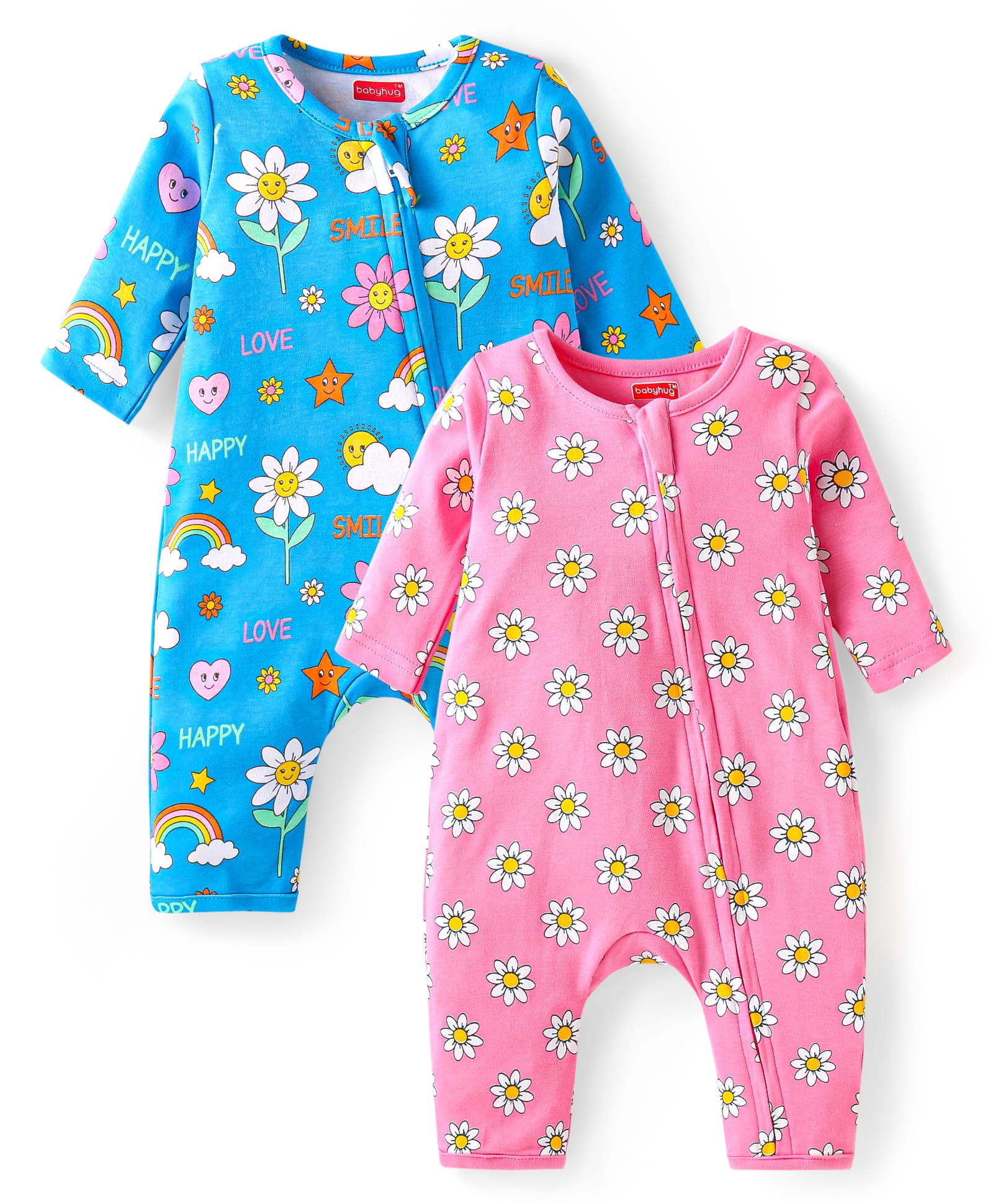 Babyhug Interlock Knit Full Sleeves Rompers With Floral Print Pack of 2 - Pink & Blue