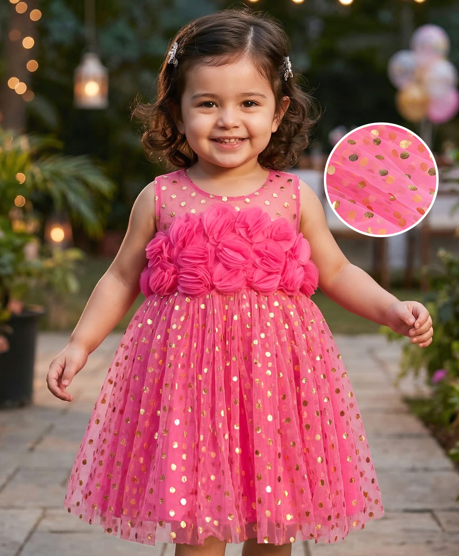 Babyhug Woven Sleeveless Foil Printed Fit & Flared Textured Party Mesh Dress with Floral Appliques on Yoke - Neon Pink-picture-21