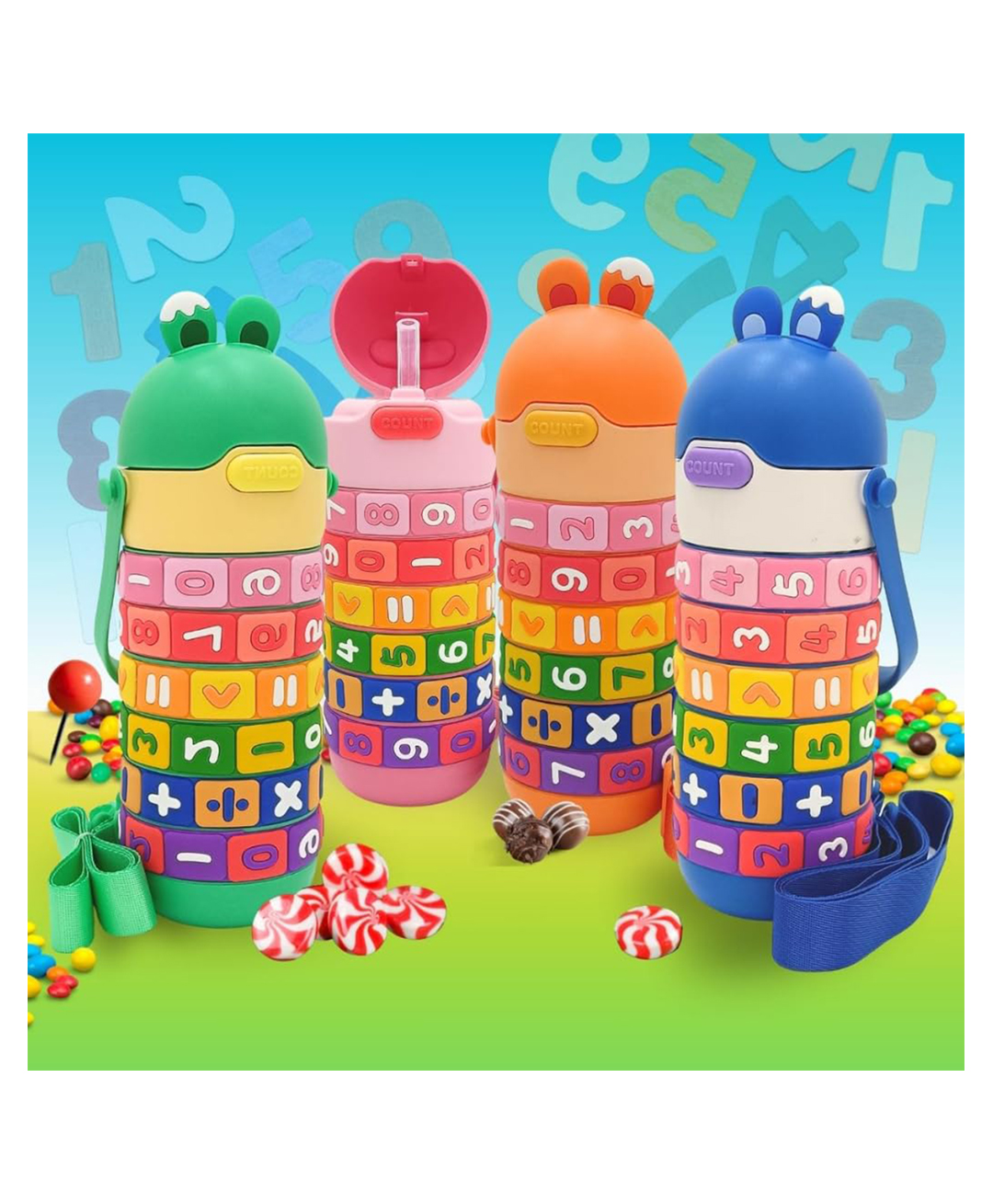 AKN TOYS Kids Premium 14 oz Math Water Bottle with Silicone Spout, Leak-Proof Locking Flip Lid, Carrying Strap, Educational, Fun, Learning, Puzzle, Insulated, Stainless Steel Thermos, Sensory, Fidget.(COLOR MAY VARY)-image-6