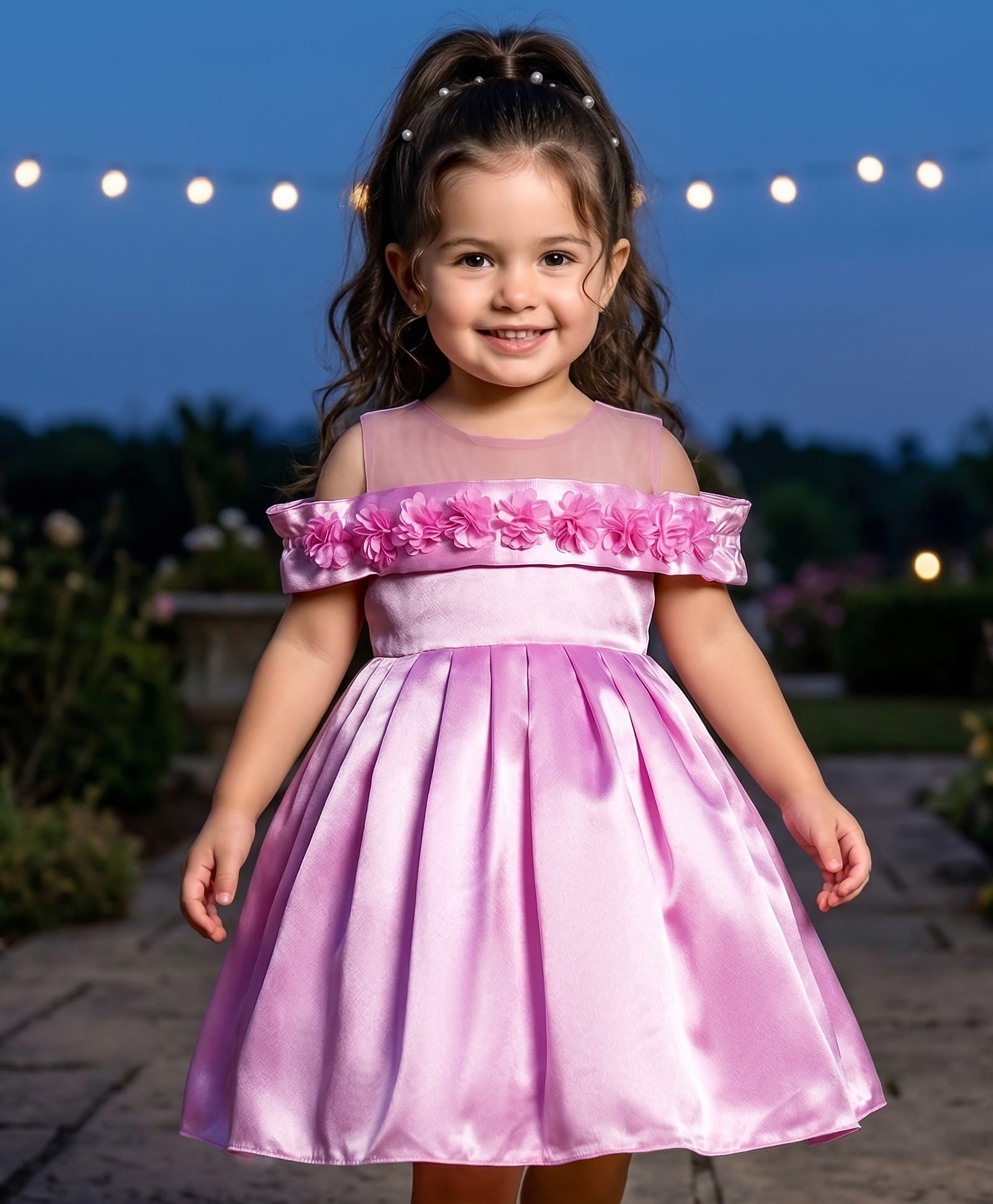 Babyhug Woven Cold Shoulder Sleeves Party Dress With Floral Corsage - Lilac-image-32