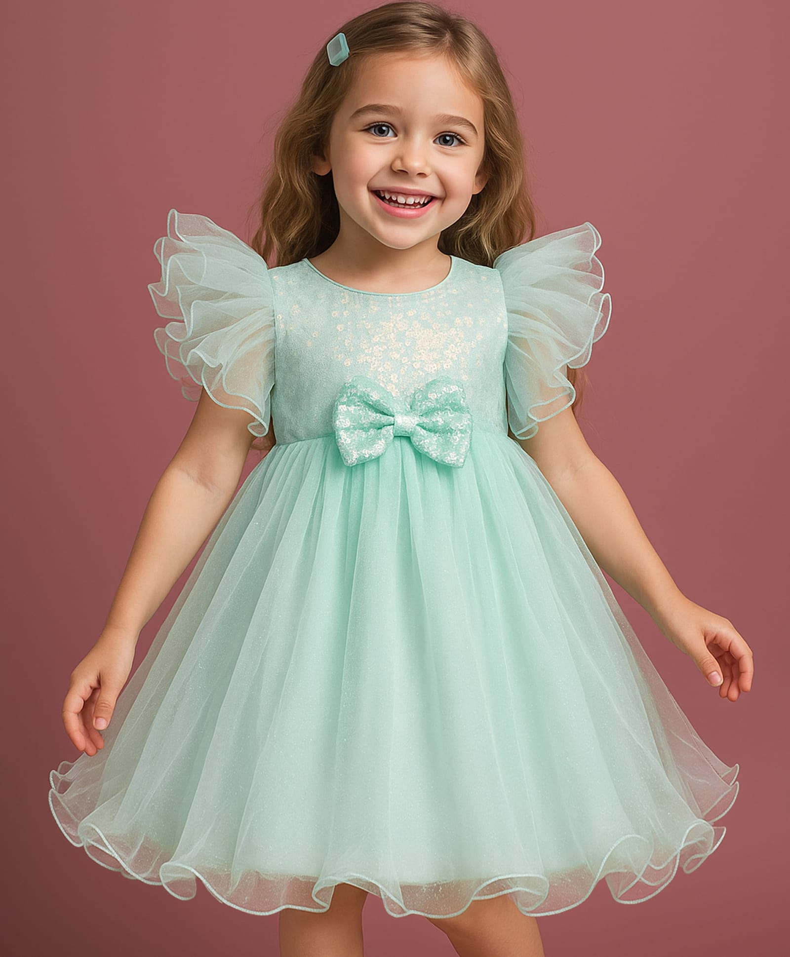 Babyhug Woven Frill Sleeves Party Dress With Sequinned Yoke & Bow Applique - Mint Green-picture-12
