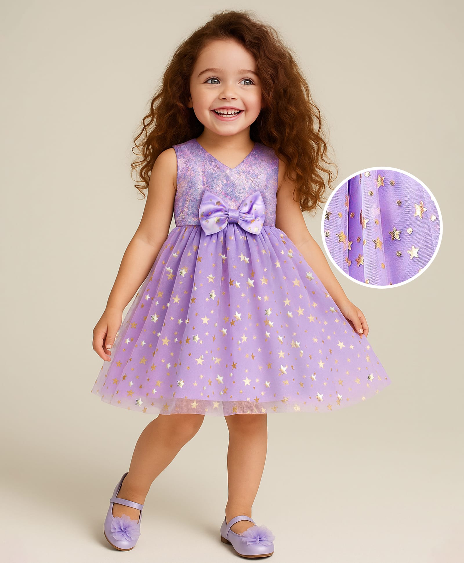 Babyhug Woven Sleeveless Glitter Printed Fit & Flare Party Dress with Bow Applique & Sequin Detailing - Lavender-image-6