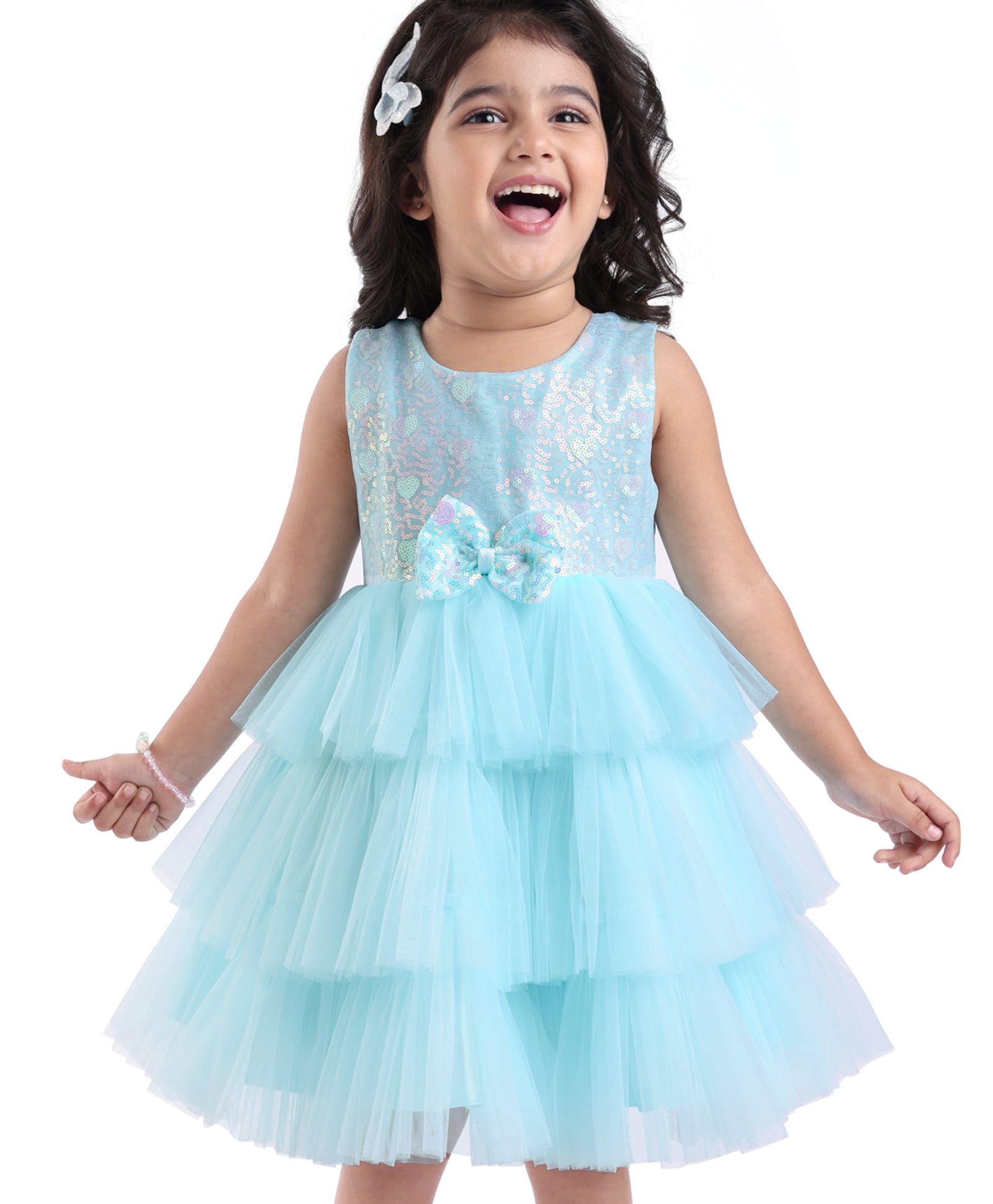 Babyhug Woven Sleeveless Party Dress With Bow Applique & Sequinned Yoke - Light Blue-image-16