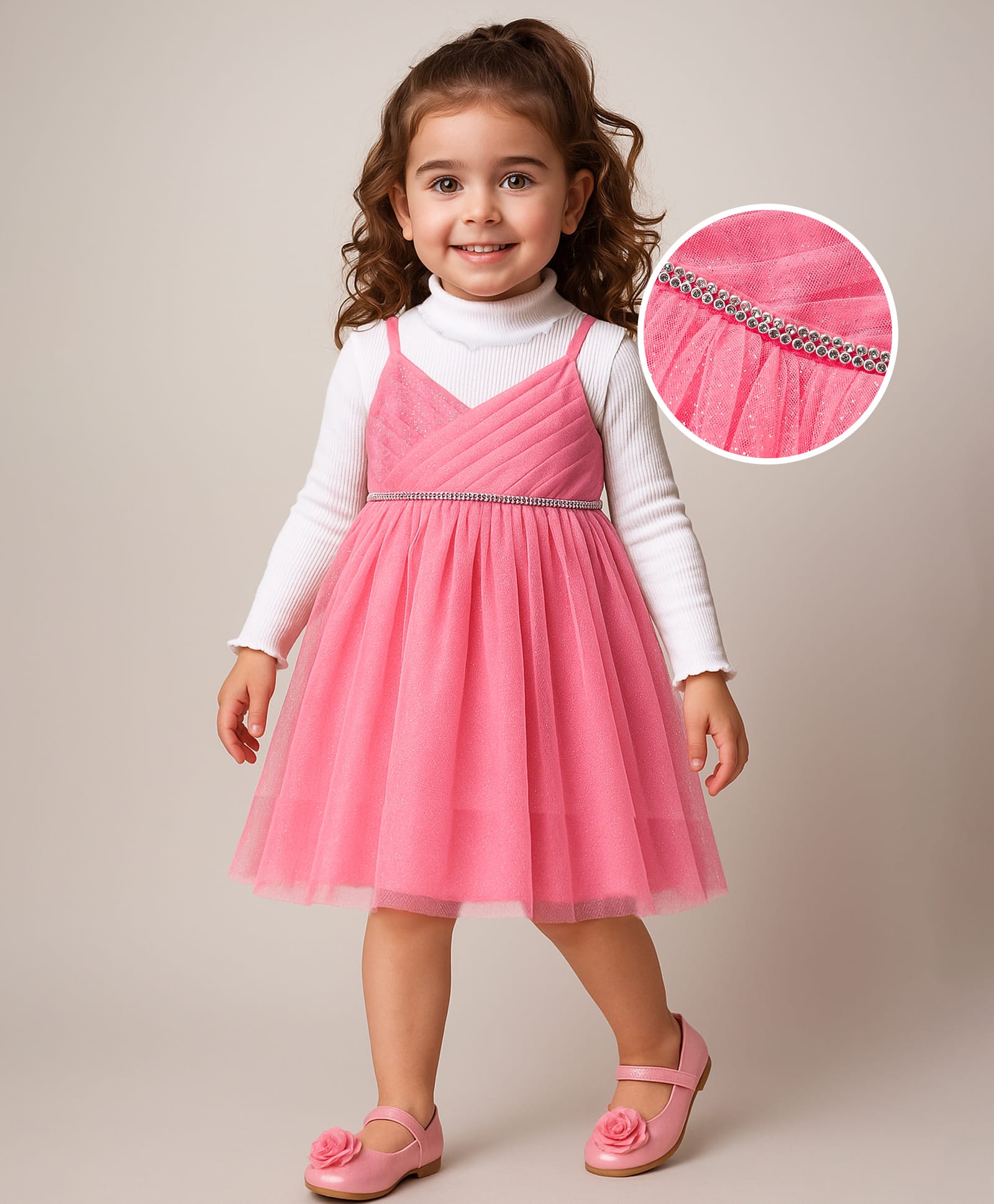 Babyhug Woven Shimmered Party Dress With Full Sleeves Solid Ribbed Inner Tee - Pink & White-image-18