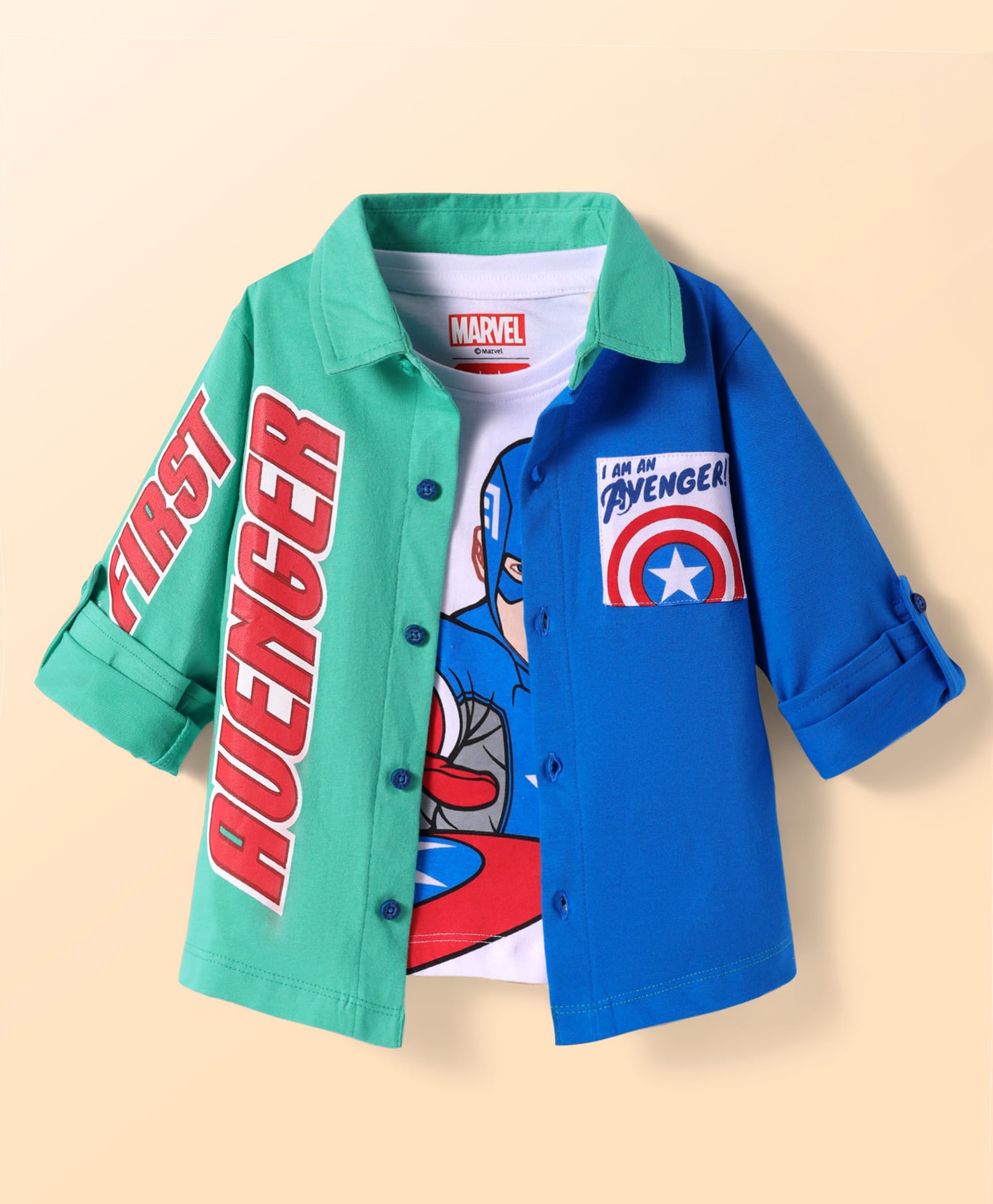 Babyhug Marvel Cotton Knit Full Sleeves Shirt with T- Shirt Avenger Graphics - Mint Green & Blue-picture-25