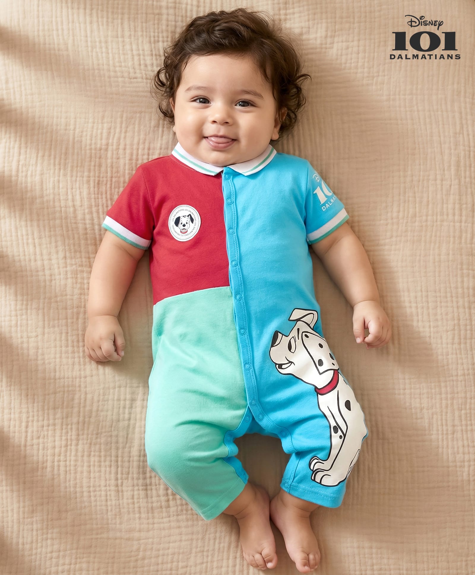 Babyhug Disney Interlock Knit Half Sleeves Front Open Collared Cut & Sew Romper with 101 Dalmatian Graphics & Badge Detailing - Light Blue-image-18