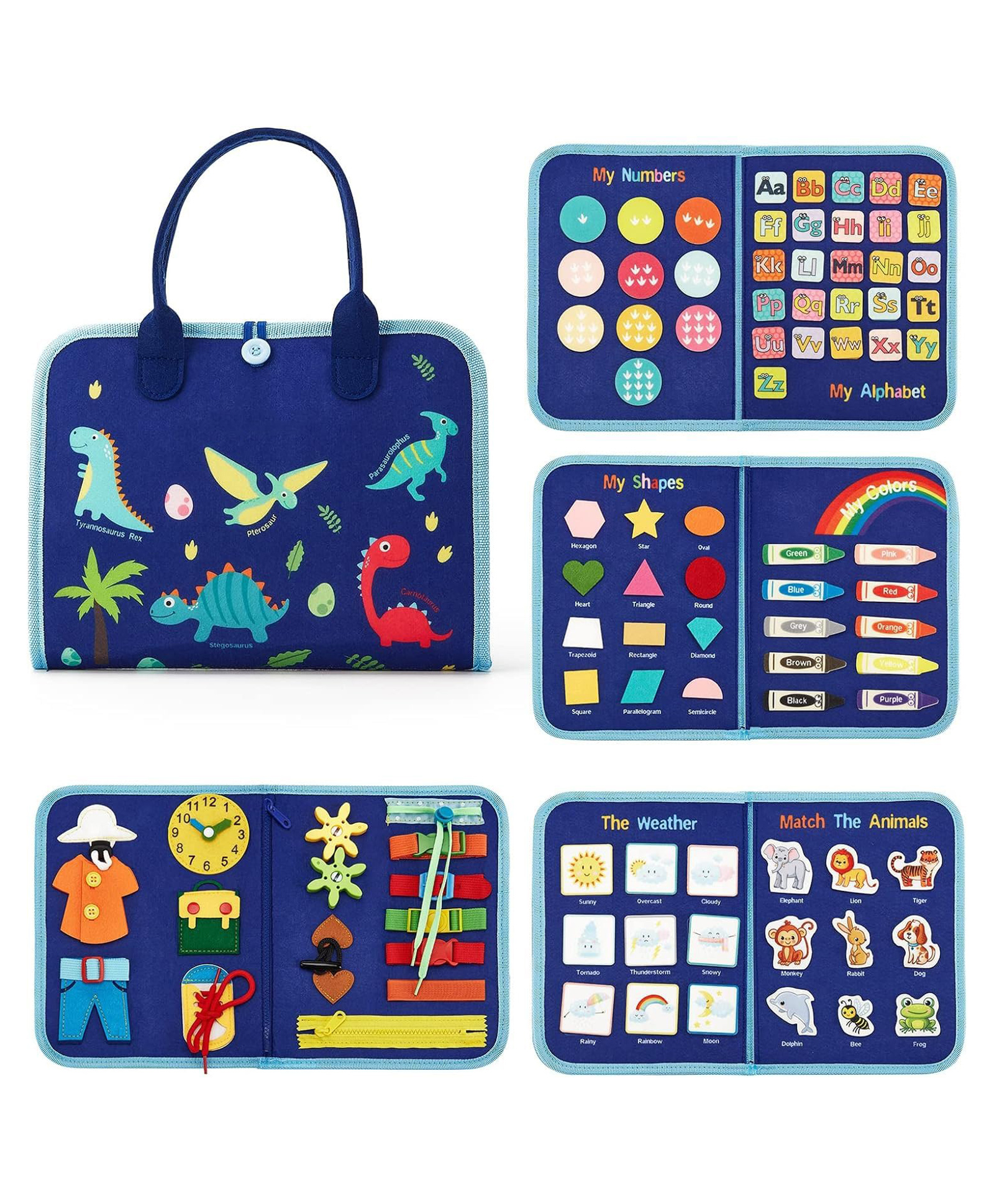 KolorFish Toddler Busy Board Book - Montessori Toys Birthday Gift - 7 in1 Preschool Learning Activities with Life Skills,Alphabet,Number,Shape,Color,Animal,Weather-image-46