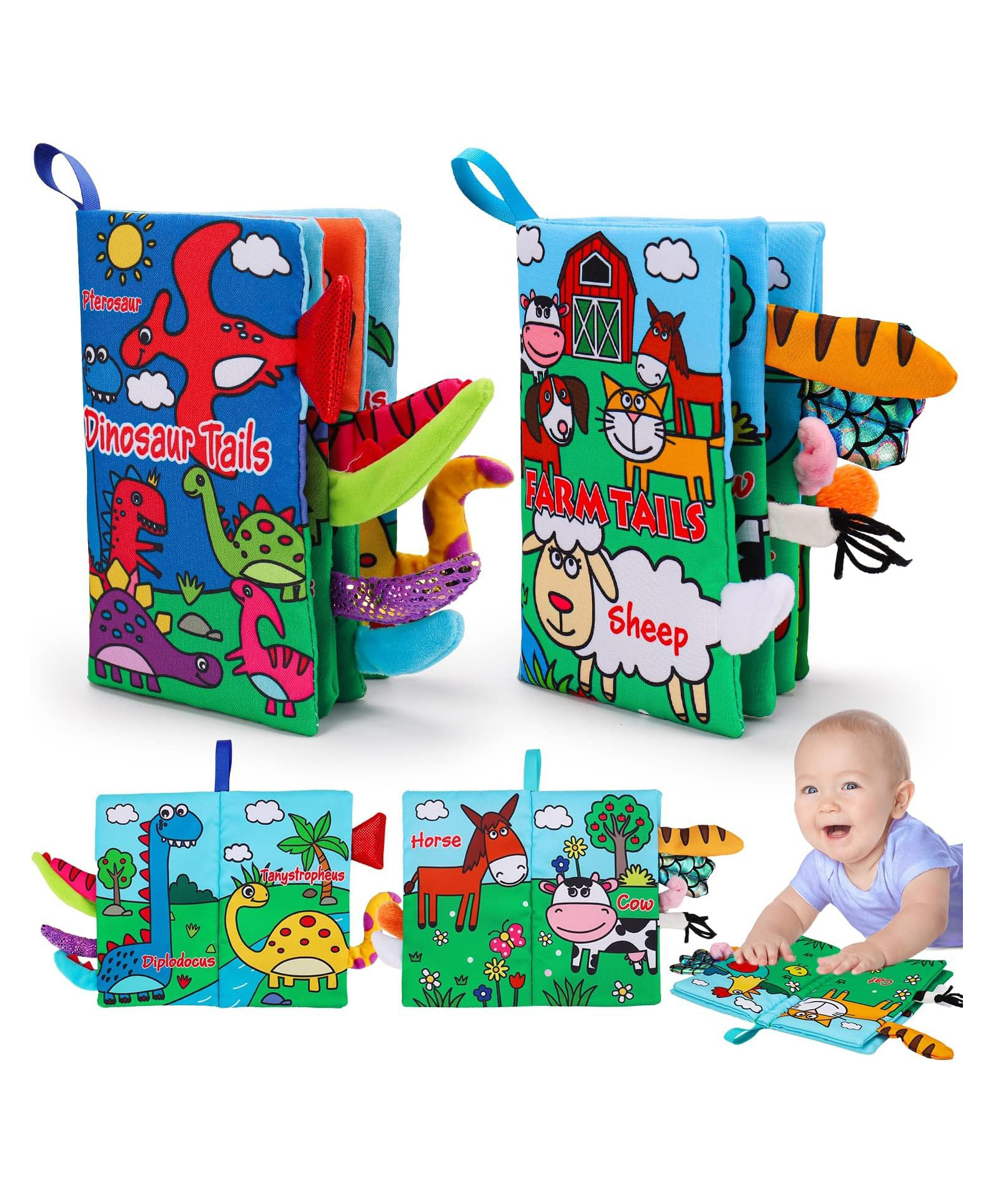 Soft Cloth Baby Books | 0-6 Months High Contrast Sensory Baby Toy | 6-12 Months Touch Feel Teething | Travel Essentials Tummy Time (Dinosaur & Farm Animals) Pack 2 Pcs-image-31