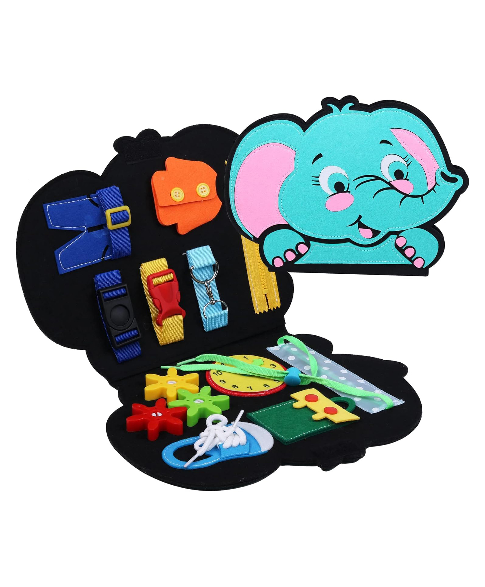 KolorFish Busy Board Montessori Toys for Toddlers, Sensory Activity Board Toy, Travel Educational Learning Quiet Book, Preschool Developing Motor Skills Toys for Boys Girls (Elephant)-image-37