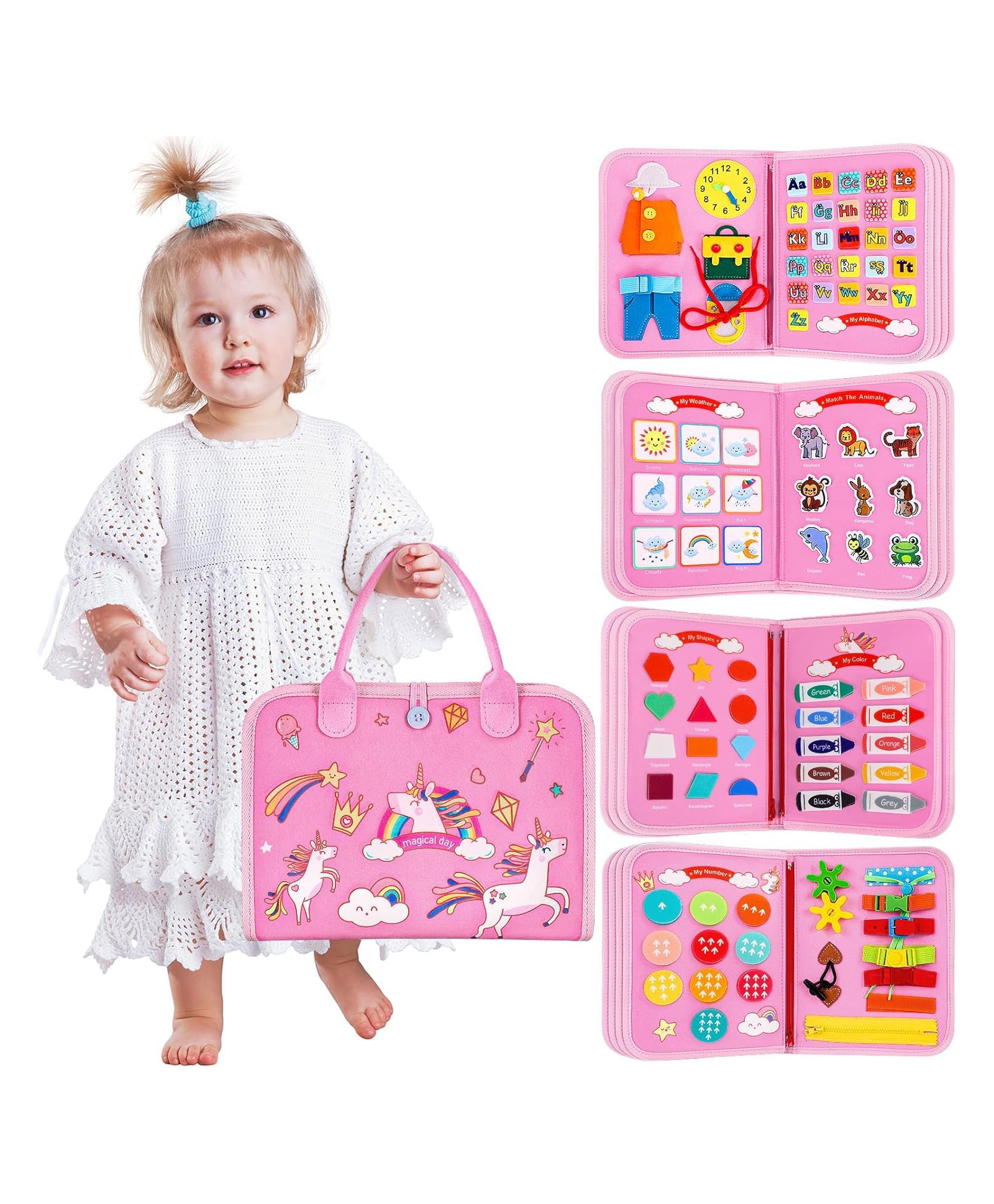 KolorFish Toddler Busy Board Book - Montessori Toys for 2 Plus Years, Birthday Gift - 7 in1 Preschool Learning Activities with Life Skills,Alphabet,Number,Shape,Color,Animal,Weather (Pink Unicorn)-image-22